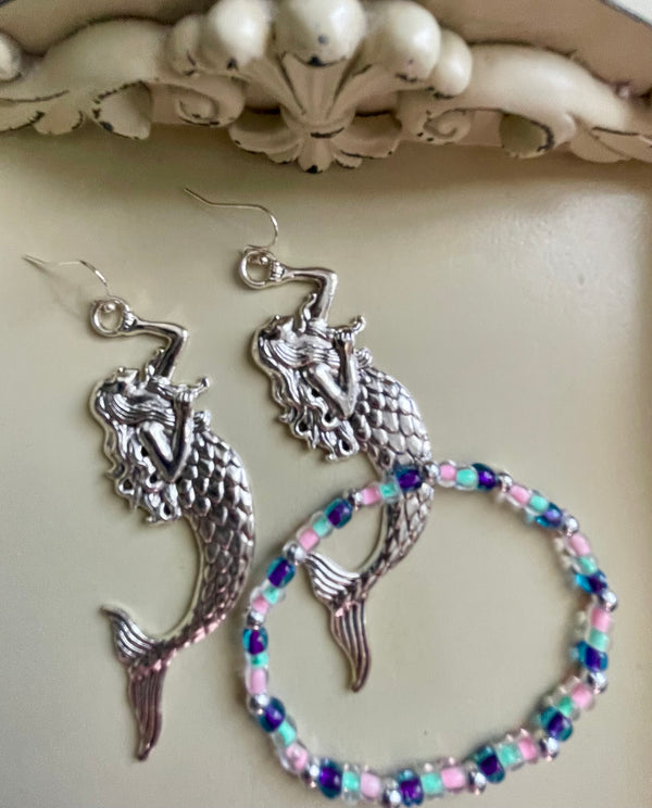 Mermaid Jewelry Set – Silver Mermaid Body & Tail Earrings & Pastel Beaded Bracelet, Pink Teal Purple Mermaid Charm Handmade Ocean Gift for Women by Suzie with Sublime Designs