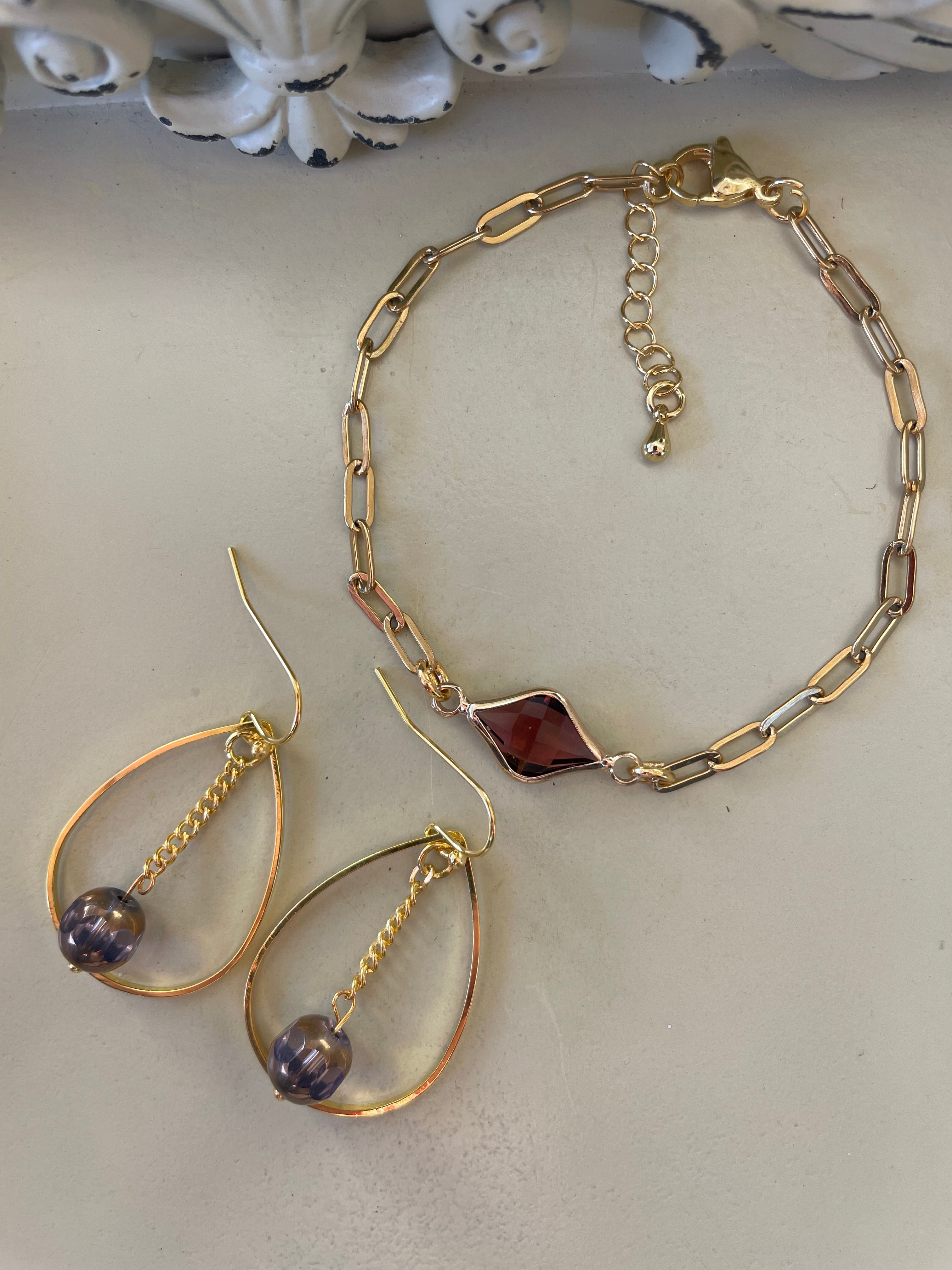 Trendy Boho Gold Plated Iridescent Purple Plum Bead Jewelry Set - Chunky Paperclip Chain Bracelet or Anklet with Plum Glass Pendant & Hoop Earrings by SublimeDesignsBySuzie