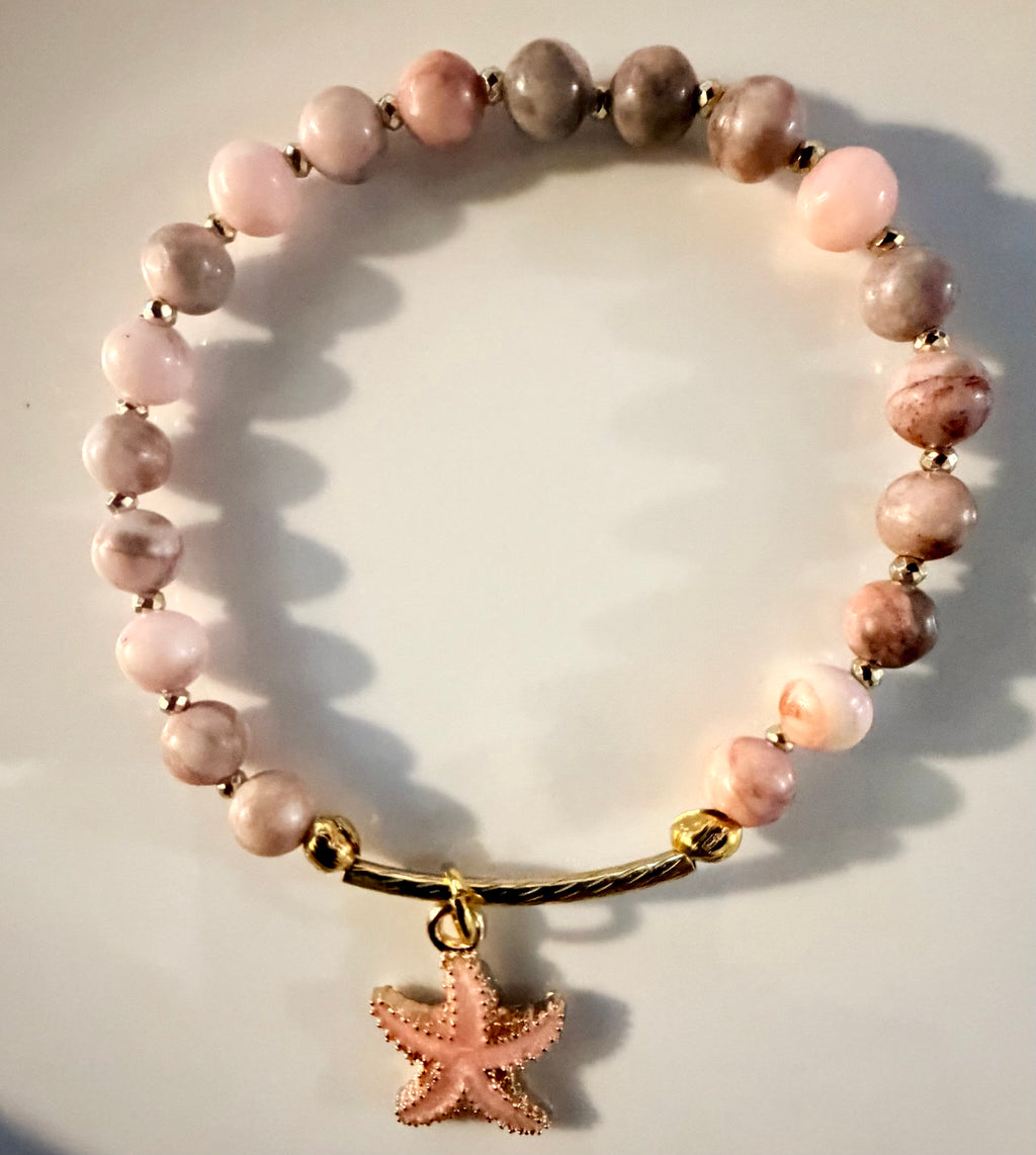 Pink Zebra Jasper Bracelet with Starfish Charm in Gold