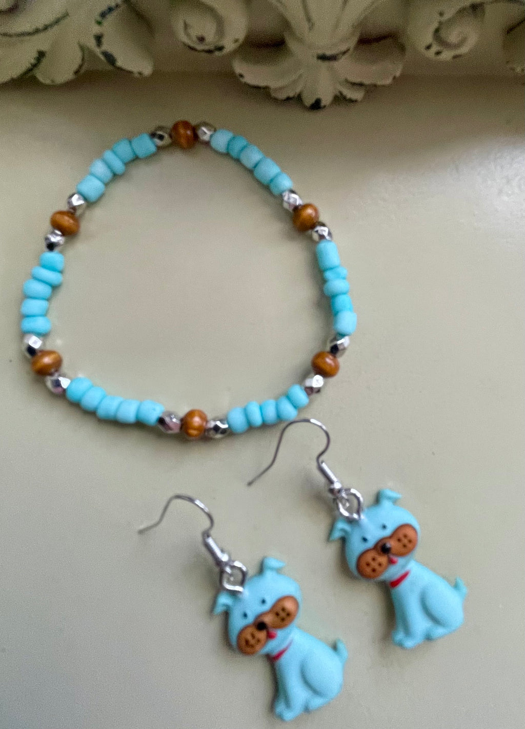 Cute Blue Puppy Earrings & Turquoise Beaded Bracelet Set – Brown Wood Accents Silver Spacers, Adorable Dog Charm Dangles Handmade Pet Lover Gift