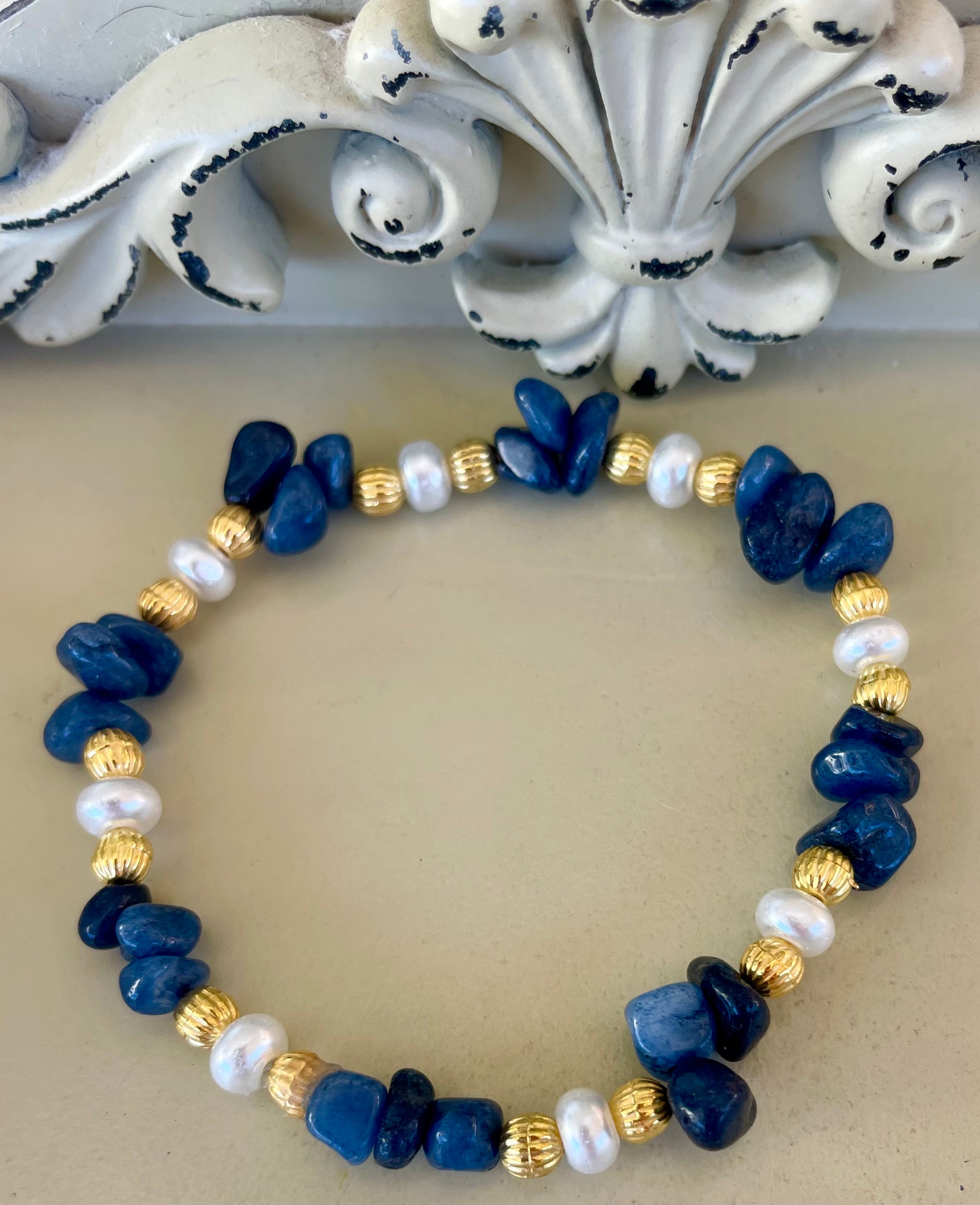 18k Gold Plated Blue Evil Eye Nazar Aventurine  & Pearl Jewelry Set by Sublime Designs by Suzie