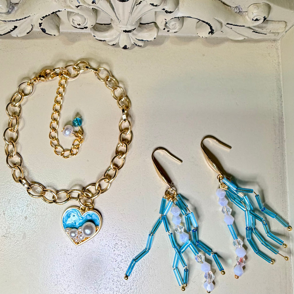 Ocean Pearl Heart Charm Jewelry Set – Turquoise Fringe Earrings & Gold Chain Bracelet by SublimeDesignsBySuzie