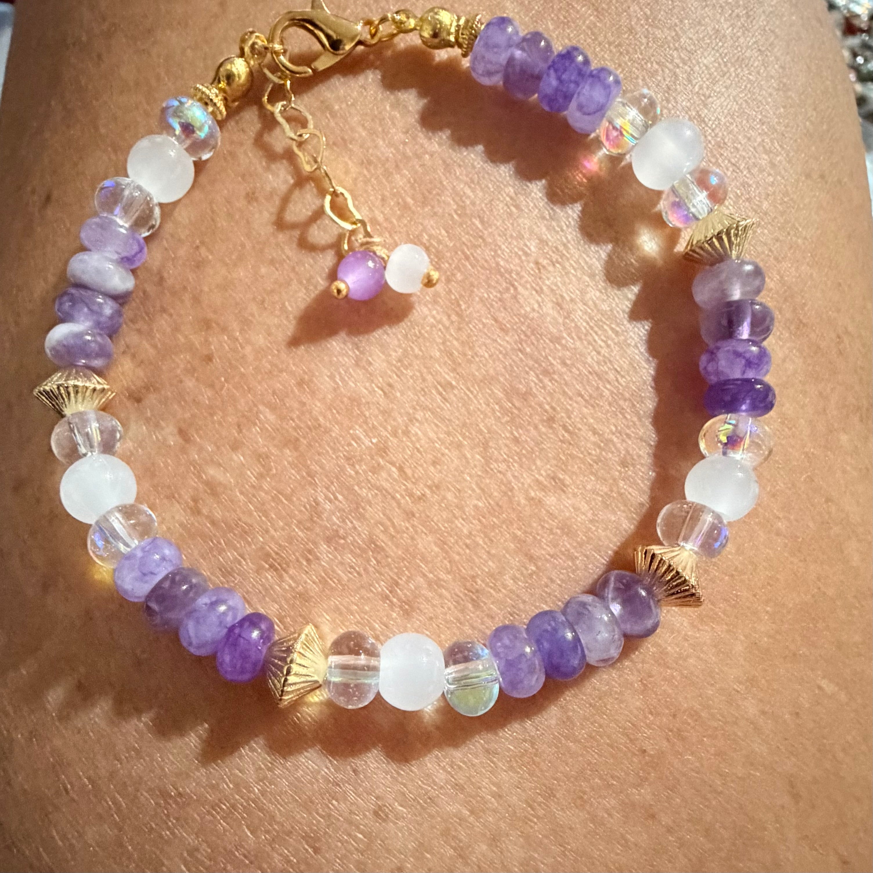 Natural Amethyst and Milky Quartz Gemstone Beaded Bracelet or Anklet with 18K Gold-Plated Findings