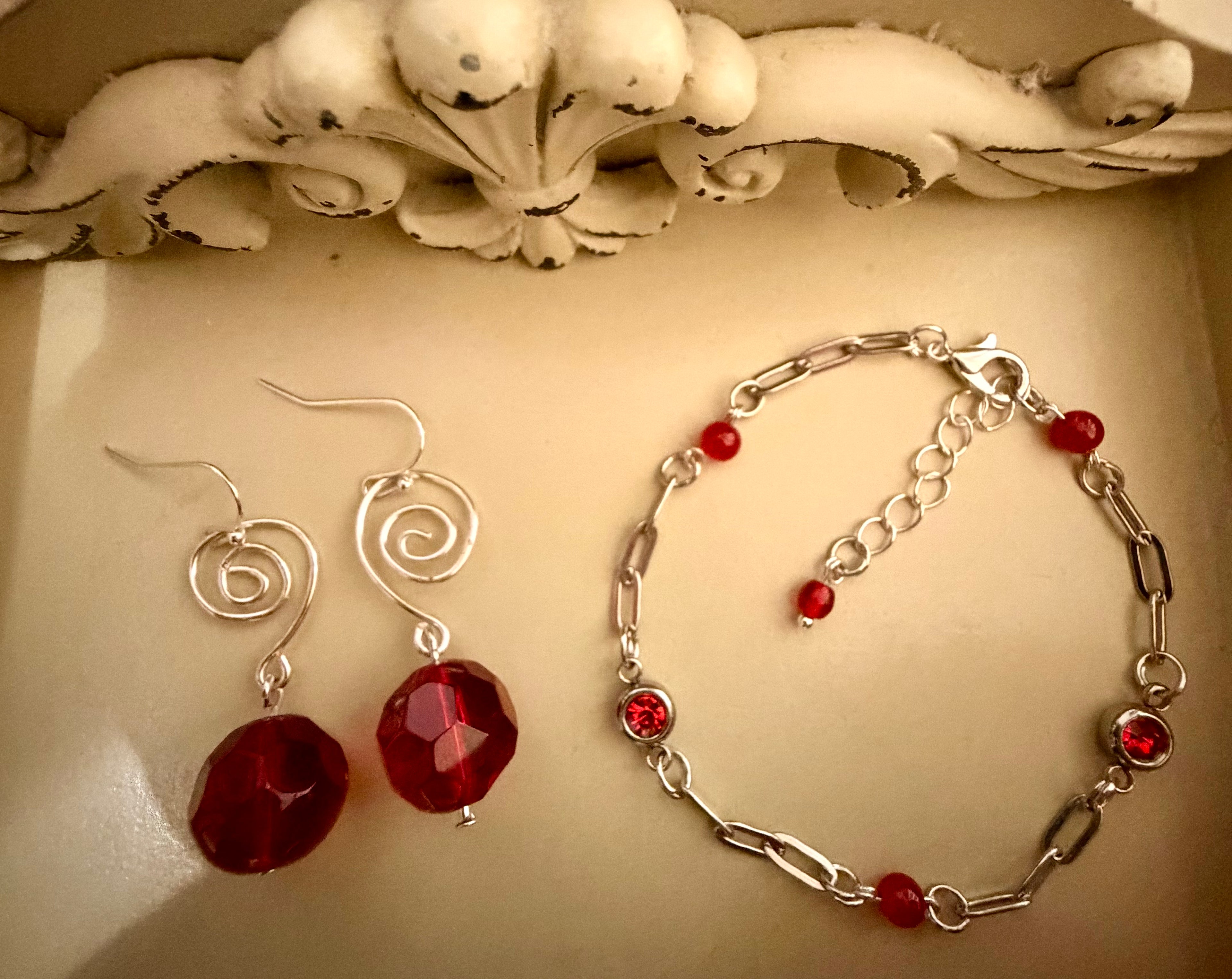 Elegant & Vibrant Ruby Red Rhinestone Crystal Set - Silver Paperclip Link Bracelet & Dangle Earrings Gift for Her by Suzie with Sublime Designs