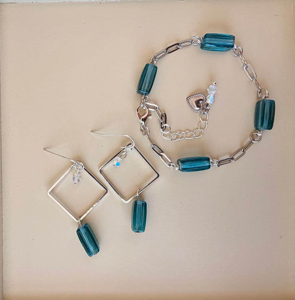 Ribbed Blue Glass Sea Crystal Jewelry Set by Suzie with Sublime Designs
