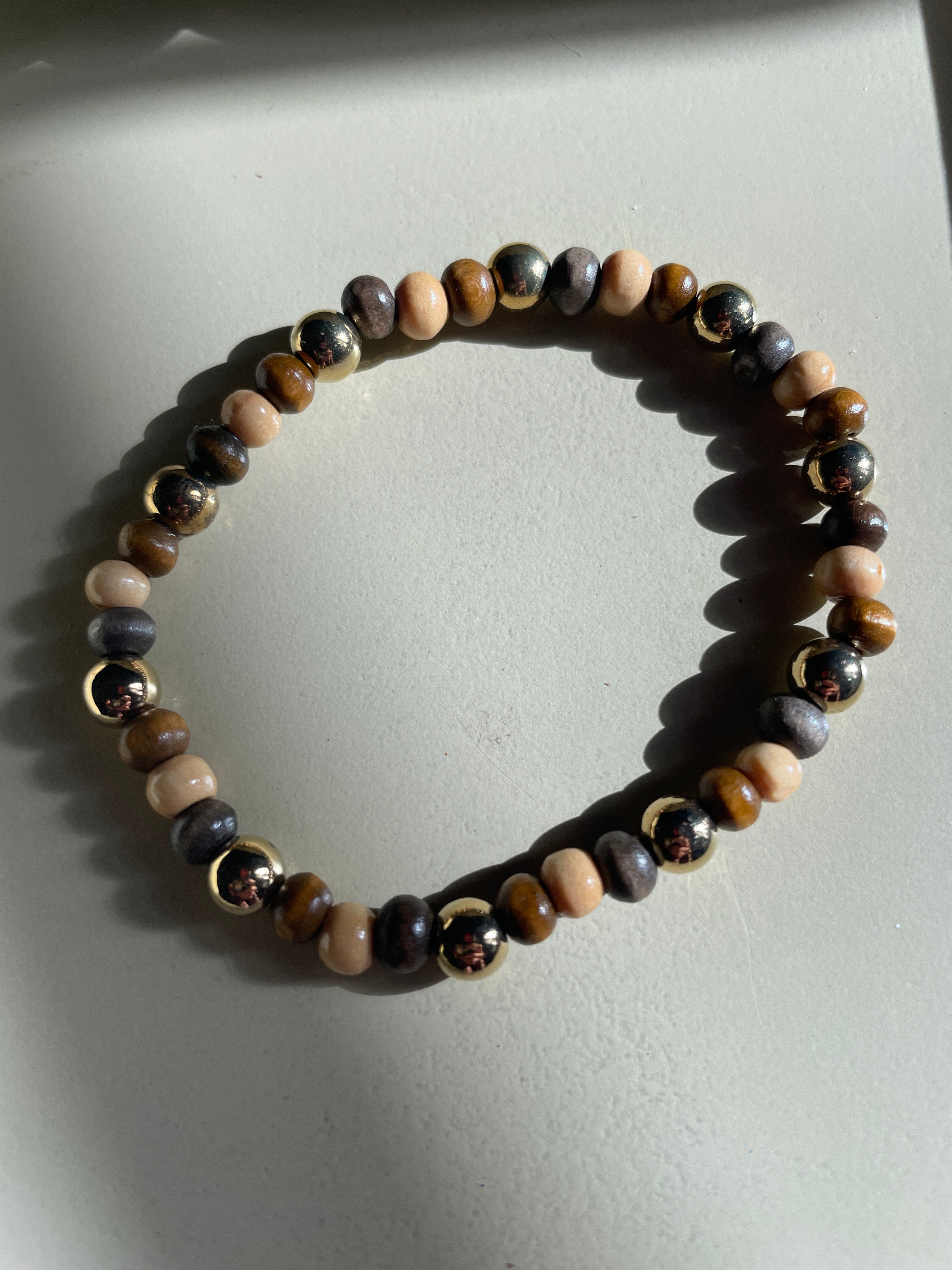 Brown Wooden Bead Bracelet with Gold