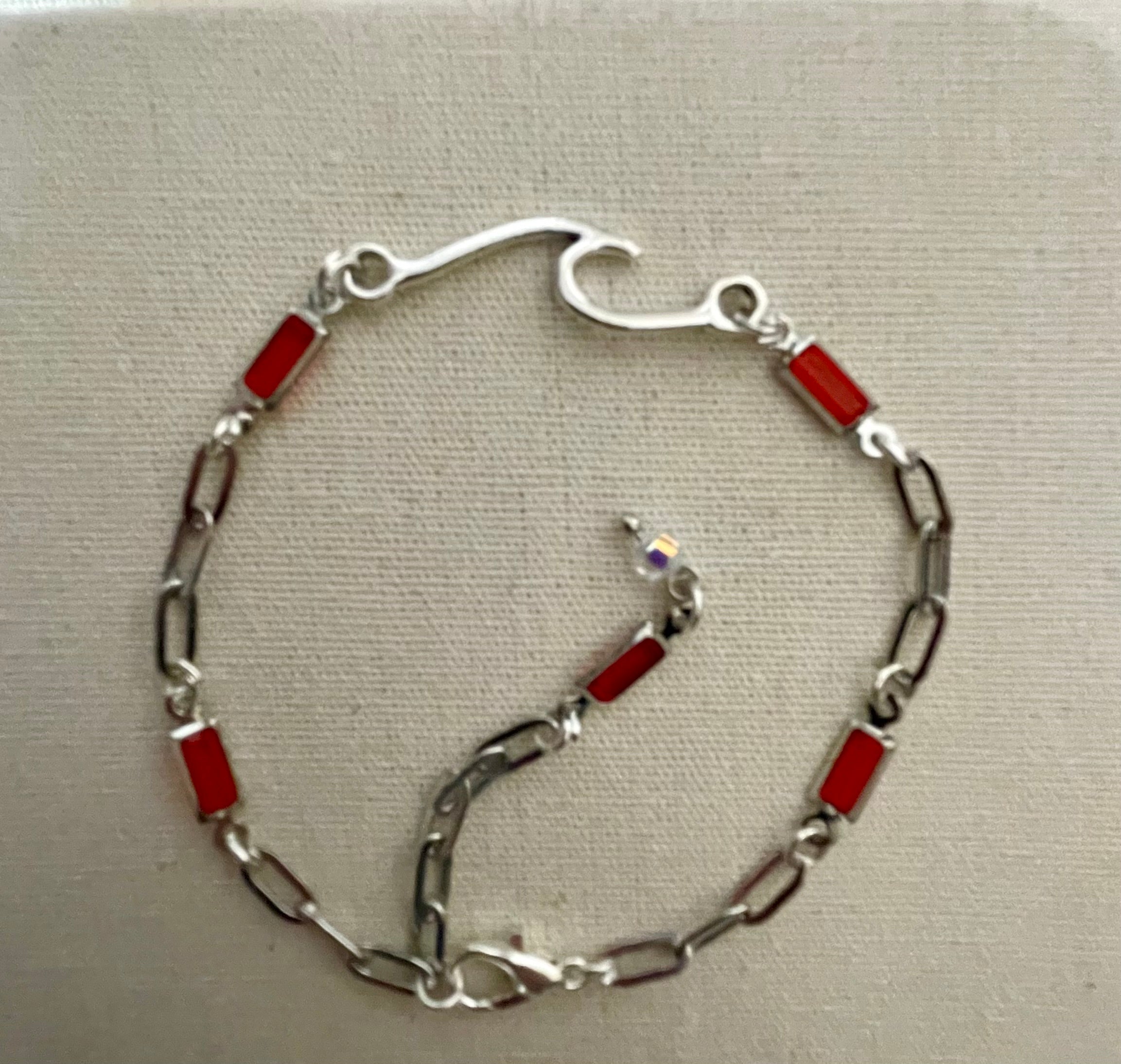Red Coral Gemstone Birthstone Accents-Adjustable Silver Paperclip Link Bracelet or Anklet