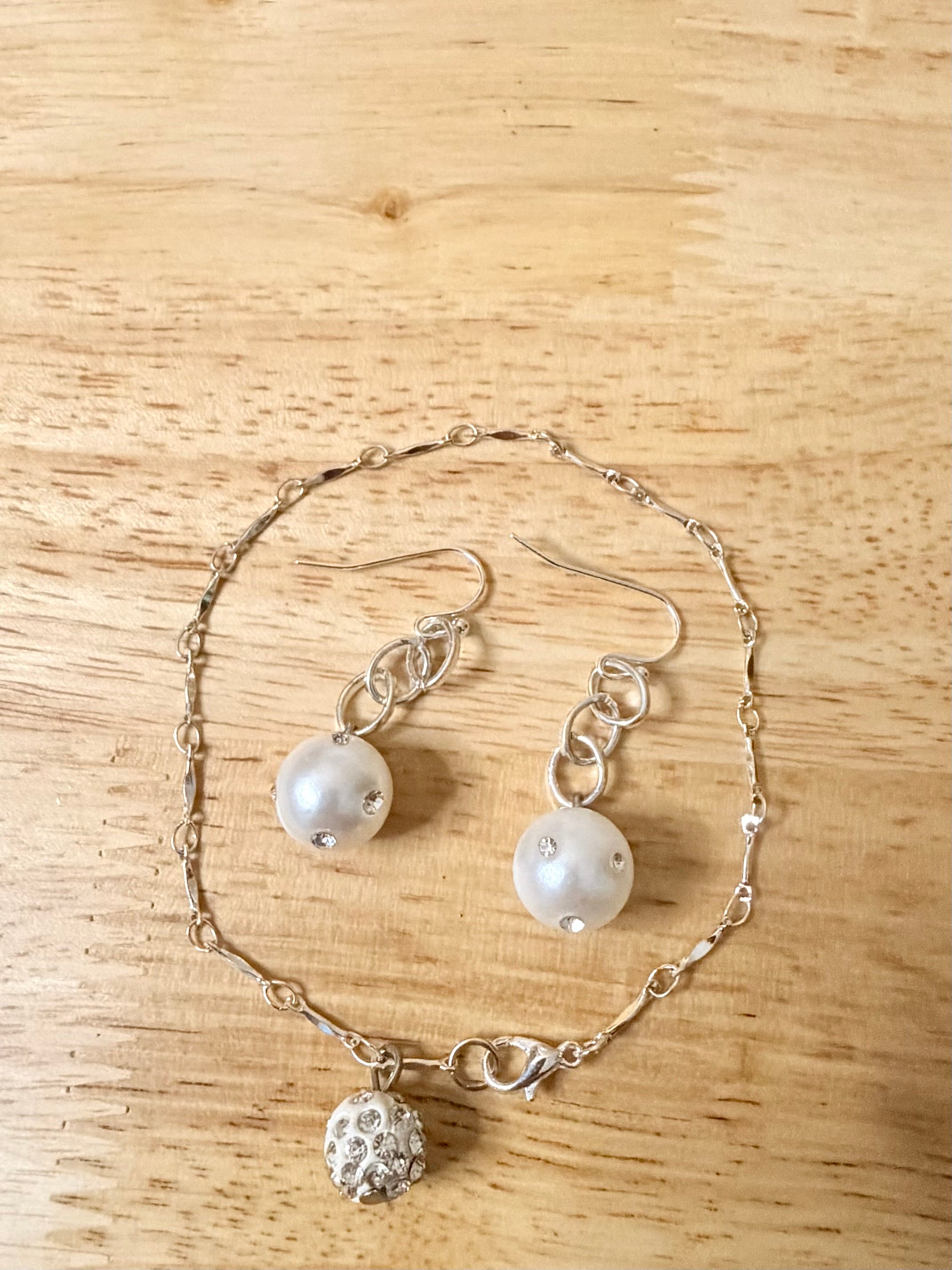 Handmade Silver Pearl & Crystal Jewelry Set: Chain Link Bracelet + Drop Earrings with Sparkling Rhinestone Pearl by SublimeDesignsBySuzie in Flagler Beach