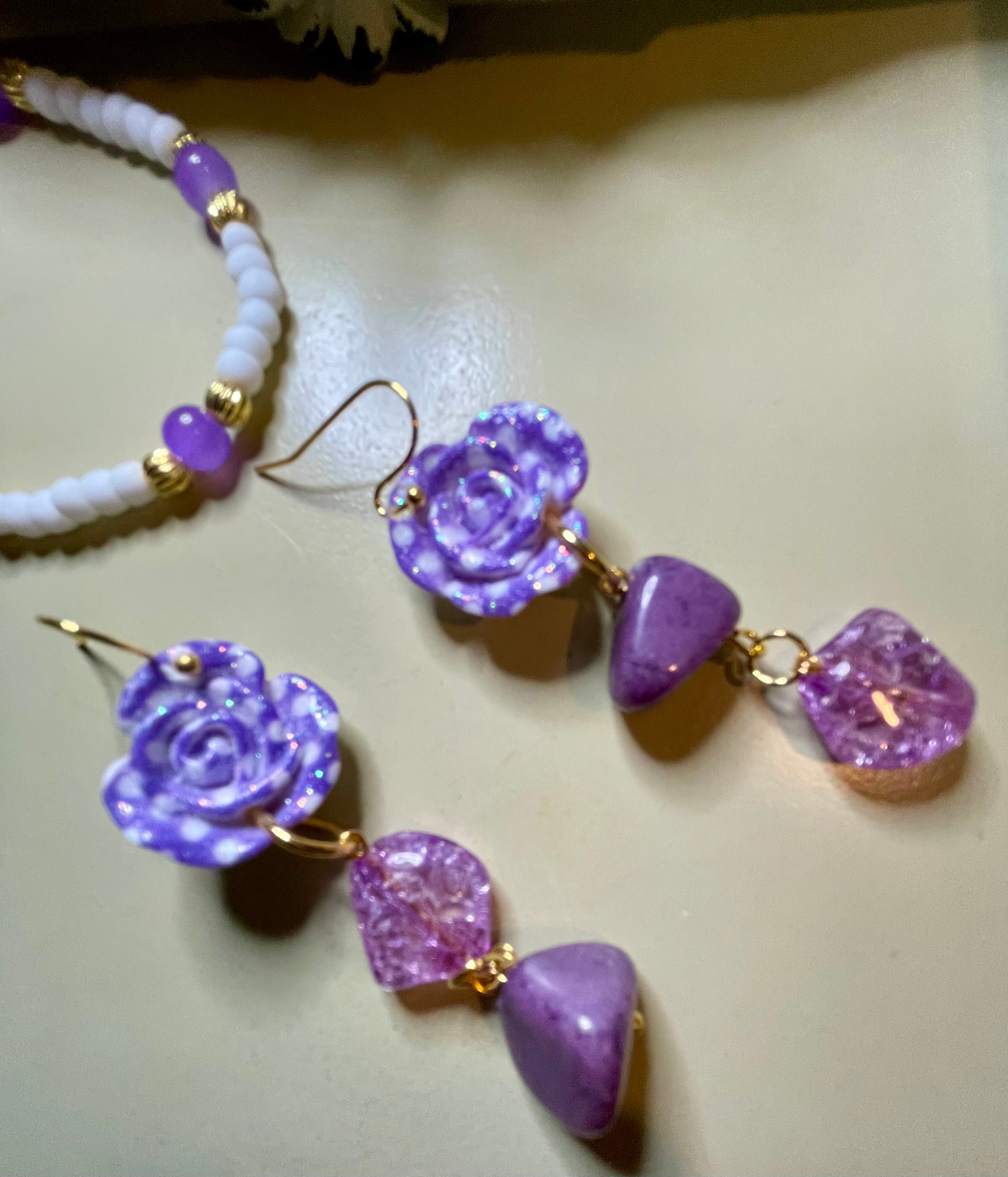 Purple Rose & Crystal Drop Jewelry Set