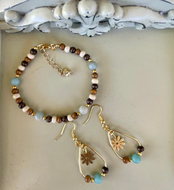Dainty Gold Plated Tiger Eye Jewelry Set - Aquamarine Jasper & Howlite Natural Beaded Bracelet & Flower Teardrop Earrings Gift for Her- By Suzie with Sublime Designs