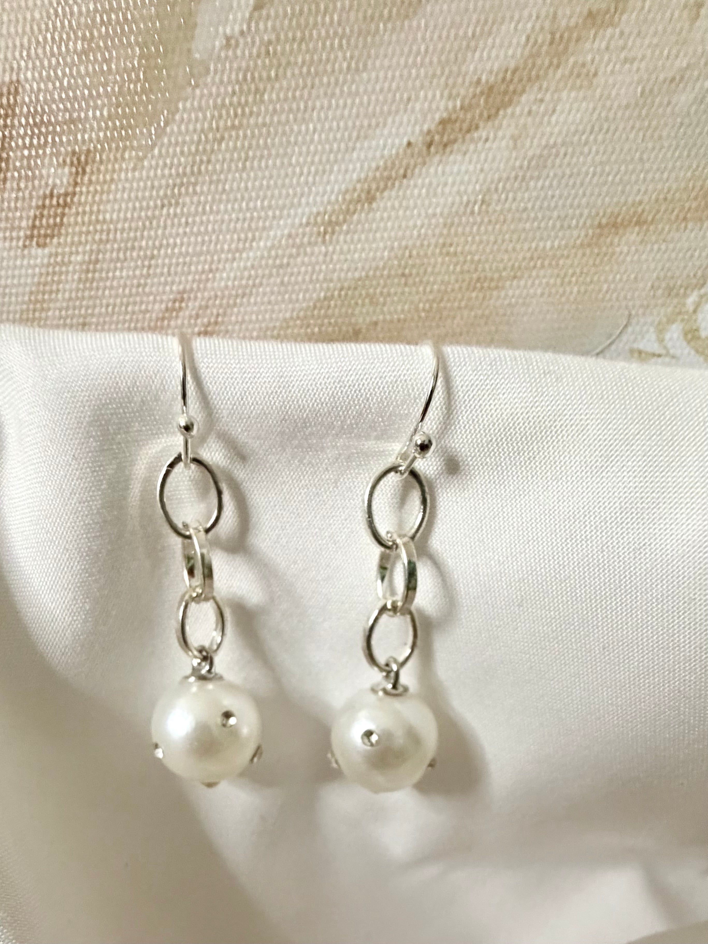 Handmade Silver Pearl & Crystal Jewelry Set: Chain Link Bracelet + Drop Earrings with Sparkling Rhinestone Pearl by SublimeDesignsBySuzie in Flagler Beach