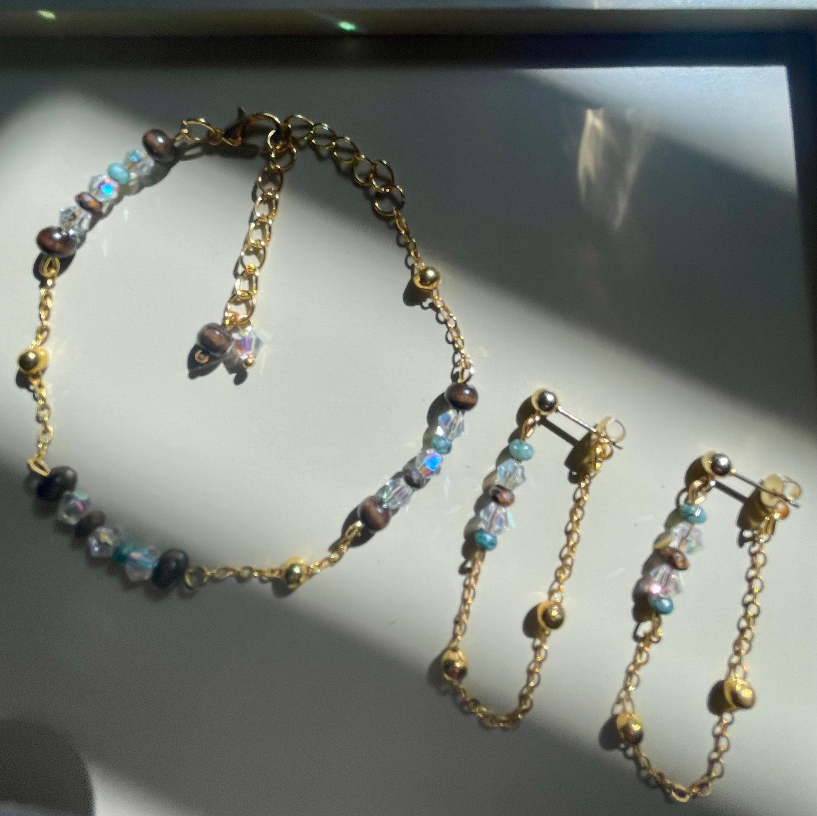 Handmade, Dainty Minimalist 18 Gold Plated Jasper Beaded Jewelry Set - Clear Crystal, Blue & Brown Chain Bracelet/Anklet + Dangle Earrings by SublimeDesignsBySuzie