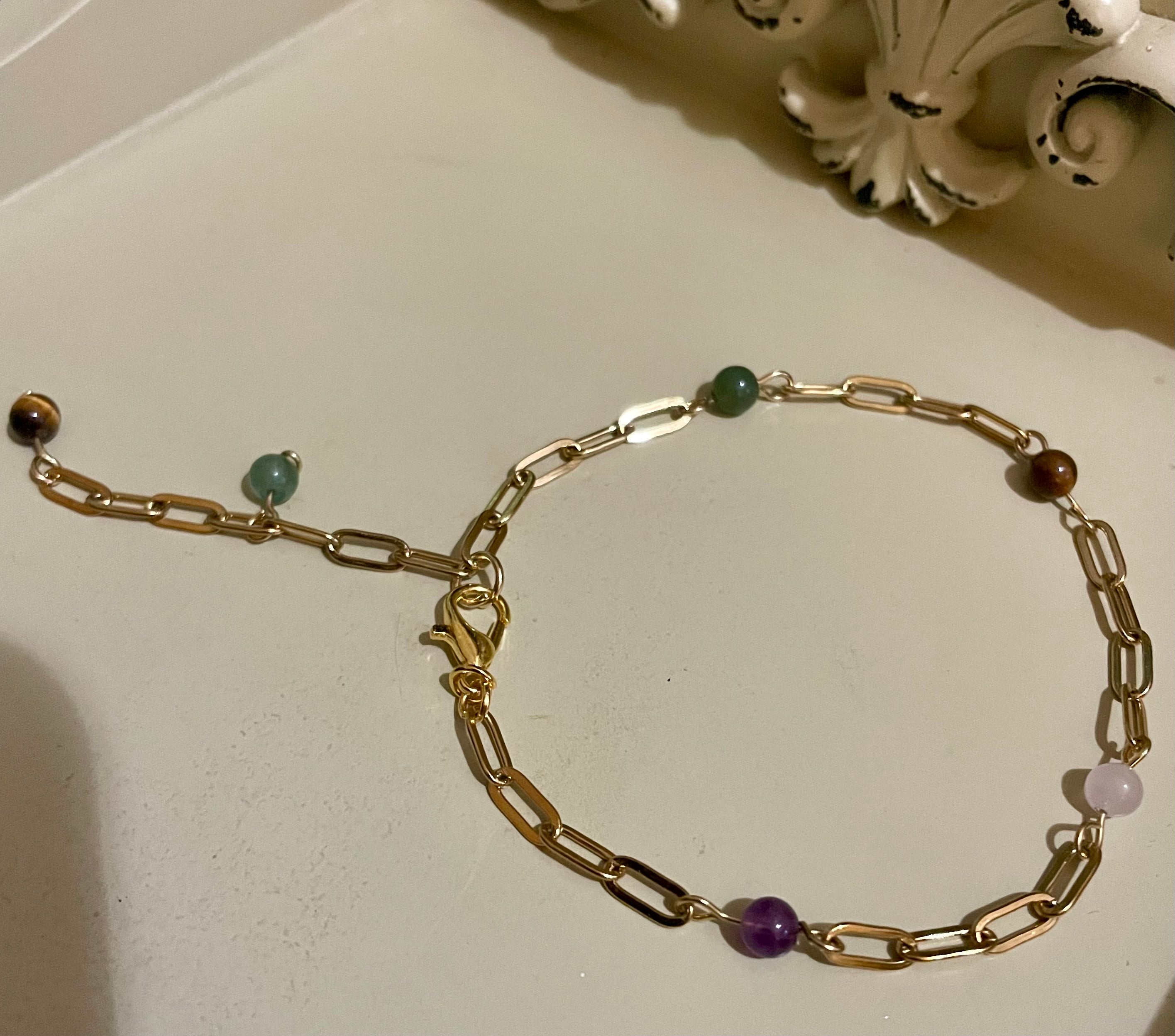 14 Gold Filled Paperclip Gemstone Bracelet or Anklet