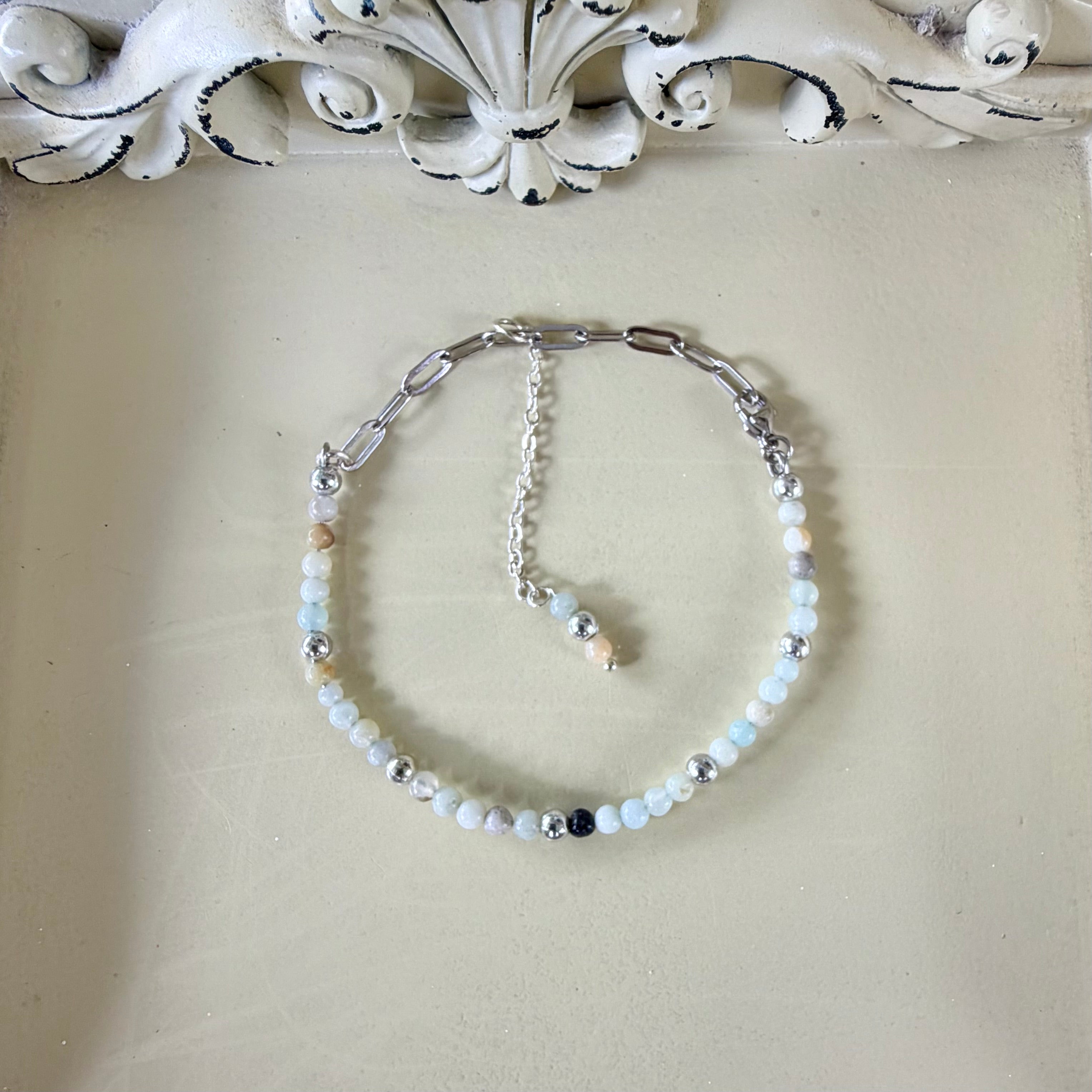 Aquamarine Moonstone Agate Silver Paperclip Bracelet