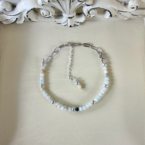 Aquamarine Moonstone Agate Silver Paperclip Bracelet or Anklet