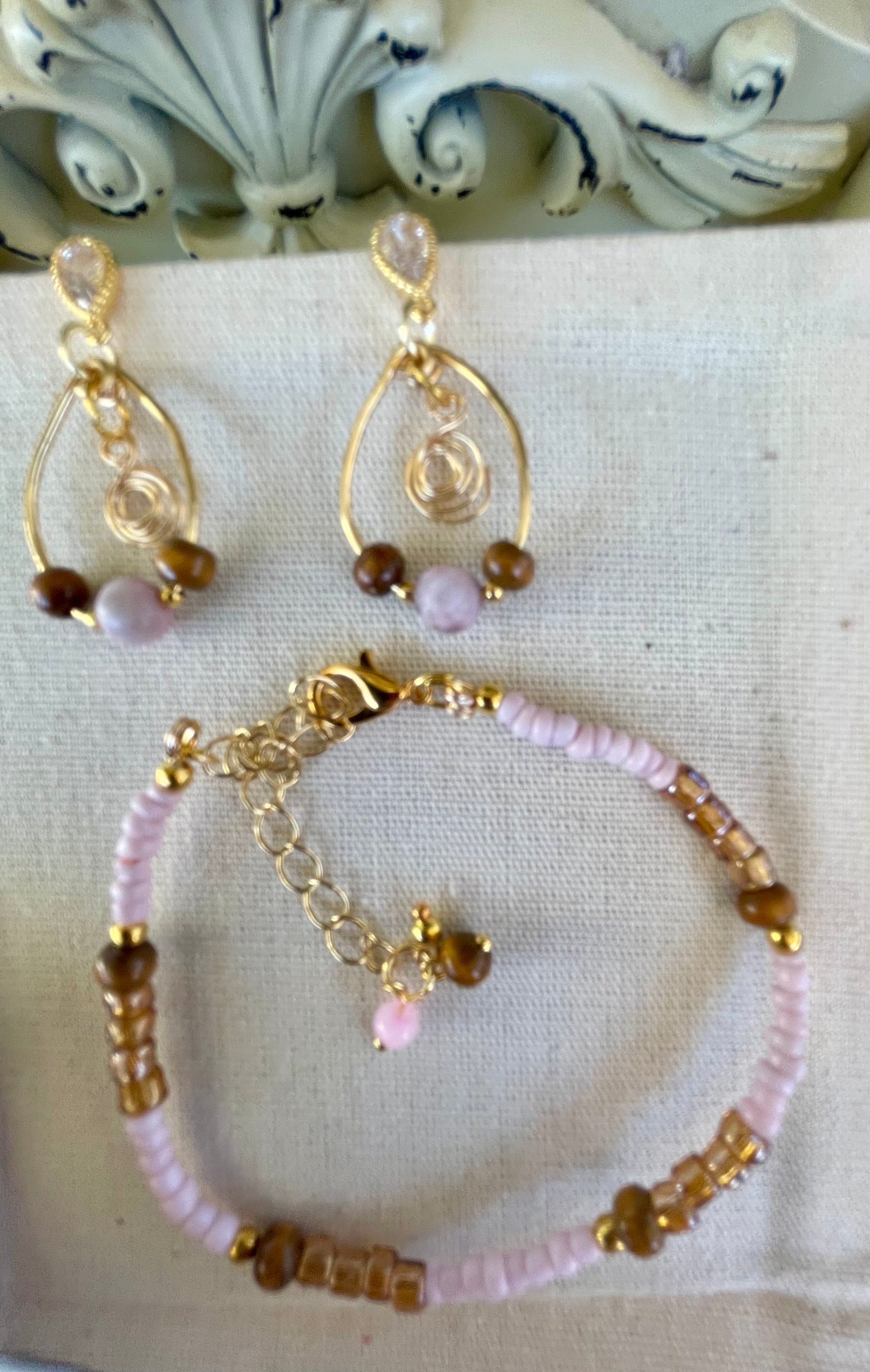 Dainty Gold Plated Boho Rose Quartz Tiger Eye Jewelry - Pink Beaded Bracelet & Flower Swirl Wire Drop Earrings by Suzie with Sublime Designs
