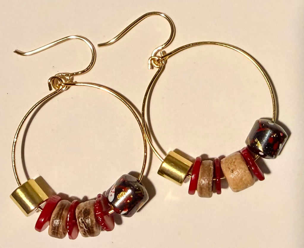 18K Gold Coral & Hematite Bracelet and Hoop Set