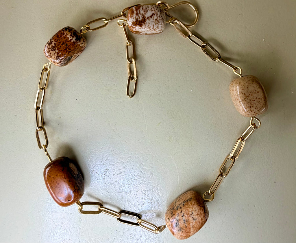 Cuboid Jasper Paperclip Anklet in warm Brown tones