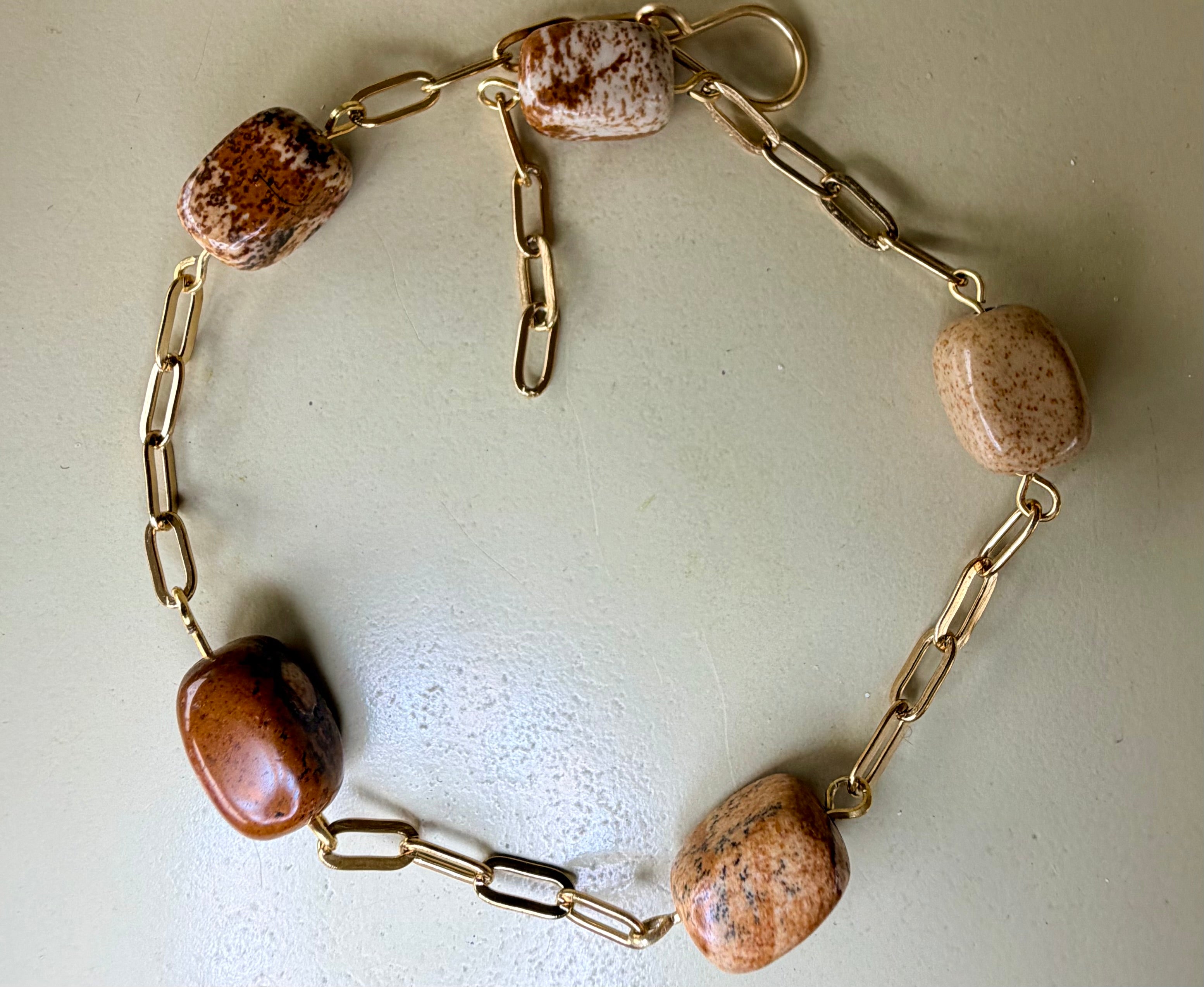 Cuboid Jasper Paperclip Anklet in warm Brown tones