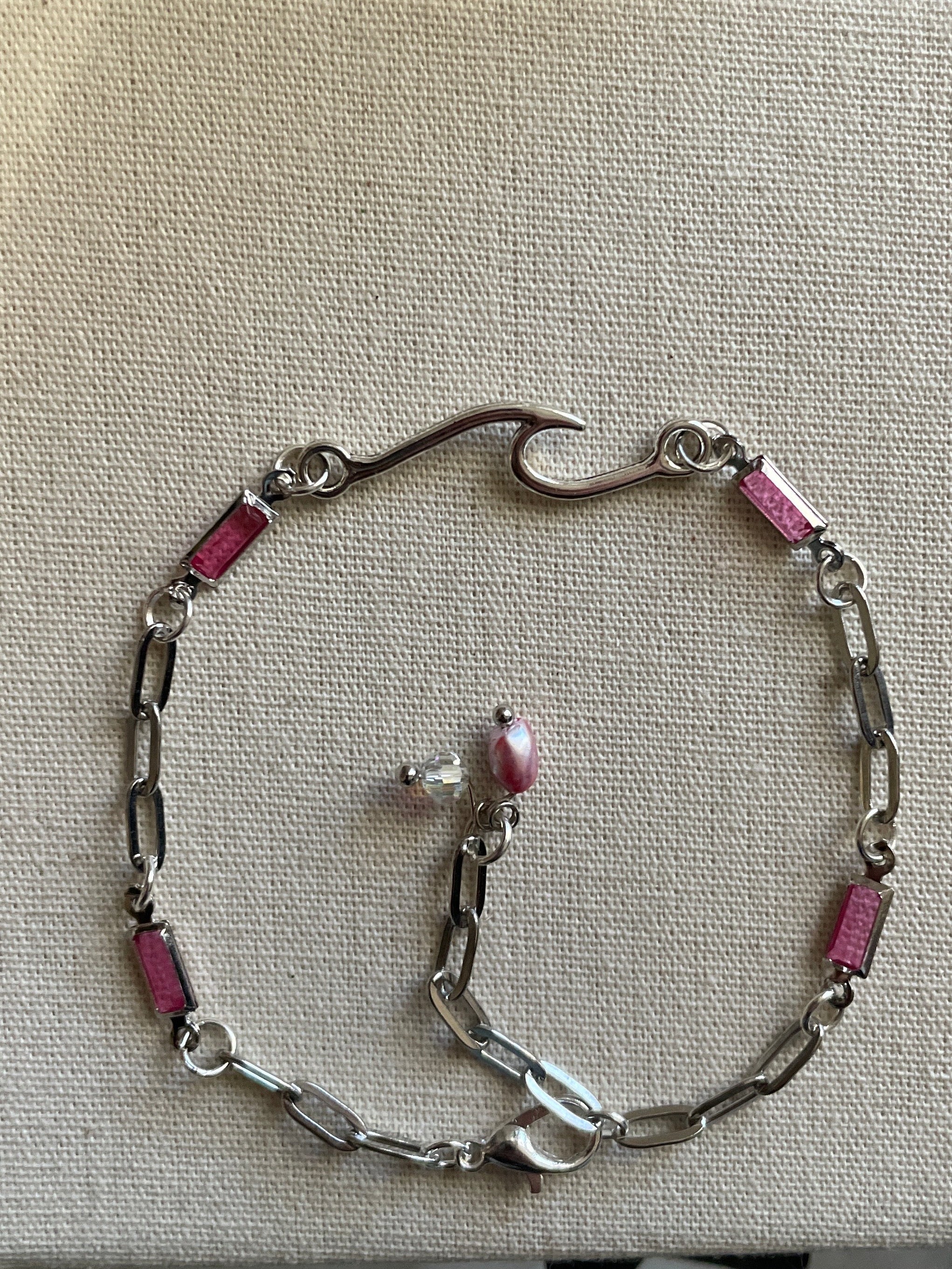 Dainty Silver Plated Paperclip Chain Bracelet or Anklet with Rectangular Rose Gemstone Birthstone Bars & Freshwater Pearl- SublimeDesignsBySuzie