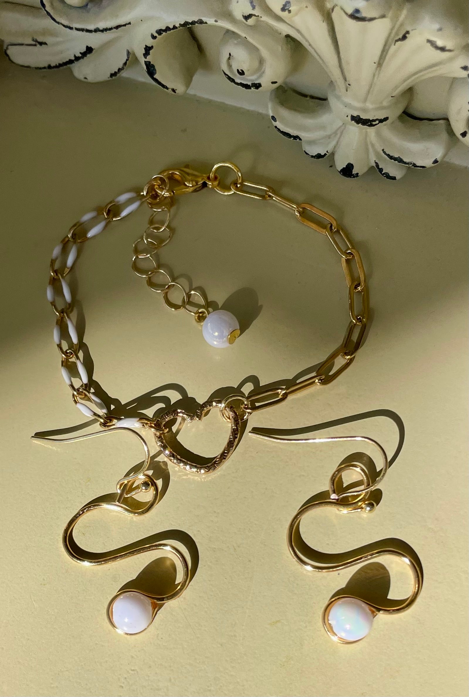 18K Gold Plated PVD Enamel & Opal Mix & Match Mixed Link Jewelry Set - Chunky Paperclip Bracelet Heart Clasp + Opal Dangle Earrings-SublimeDesignsBySuzie