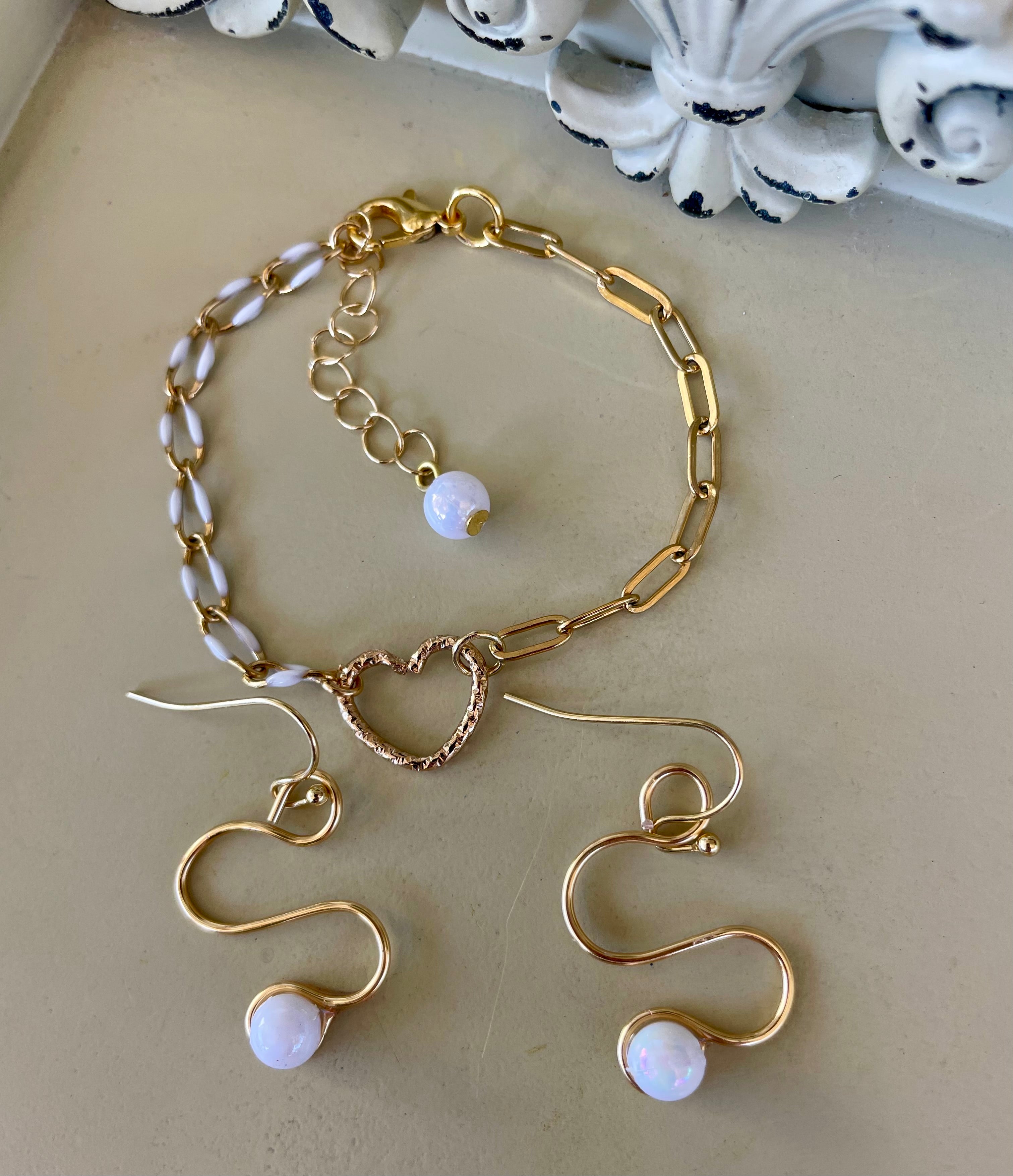 18K Gold Plated PVD Enamel & Opal Mix & Match Mixed Link Jewelry Set - Chunky Paperclip Bracelet Heart Clasp + Opal Dangle Earrings-SublimeDesignsBySuzie