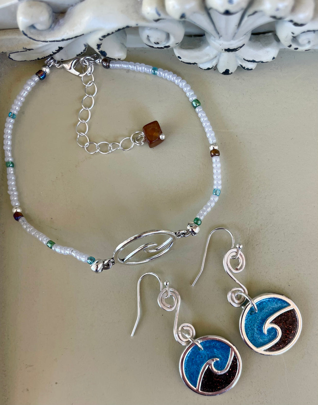 Ocean Inspired Silver Plated Set - Enamel Blue Wave Earrings, Pearl Beaded Bracelet with Brown Gem Charm, Coastal Jewelry-SublimeDesignsBySuzie