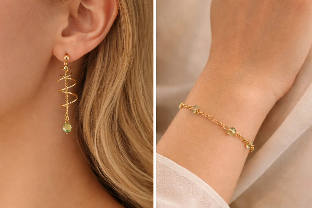 Golden Vine Peridot Crystal Spiral Jewelry Set – Dainty Nature-Green Mint