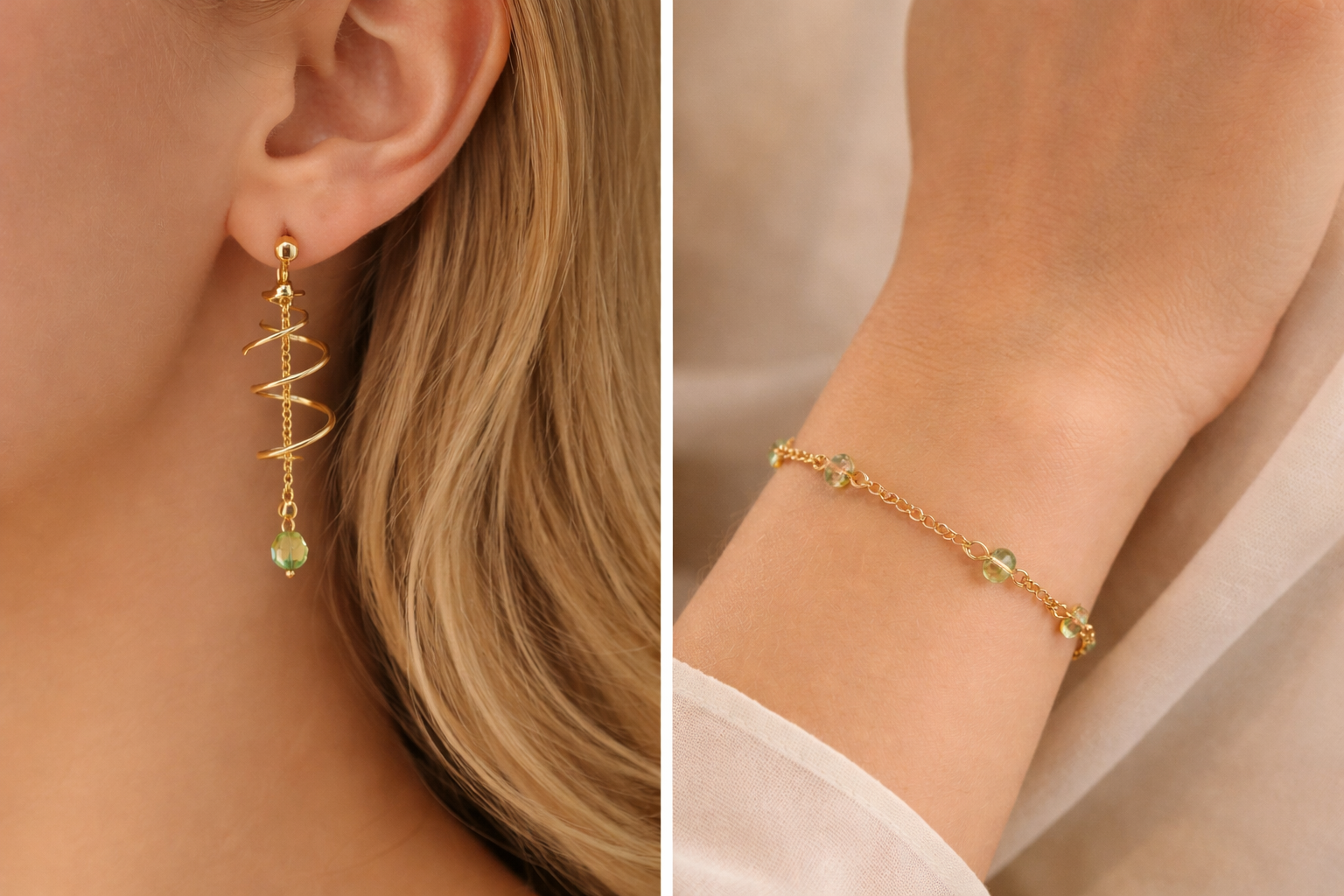 Golden Vine Peridot Crystal Spiral Jewelry Set – Dainty Nature-Green Mint