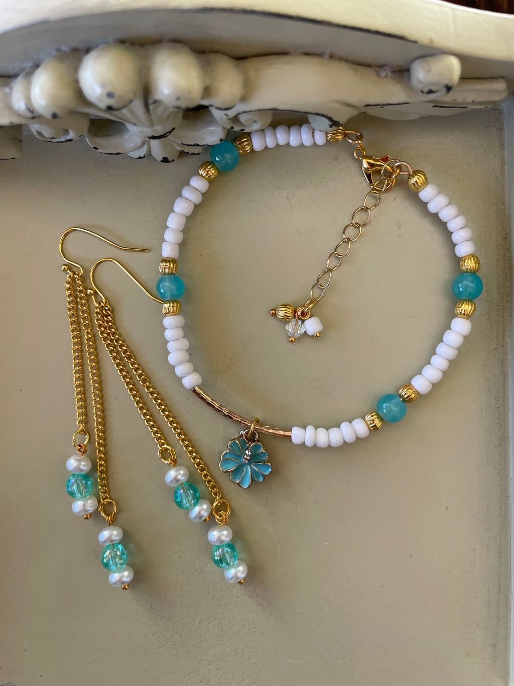 Turquoise & Pearl Gold Plated PVD Beaded Bracelet or Anklet & Dangle Earrings Set - Bohemian Beach Style, Flower Charm, Handmade Gift made by Suzie with Sublime Designs