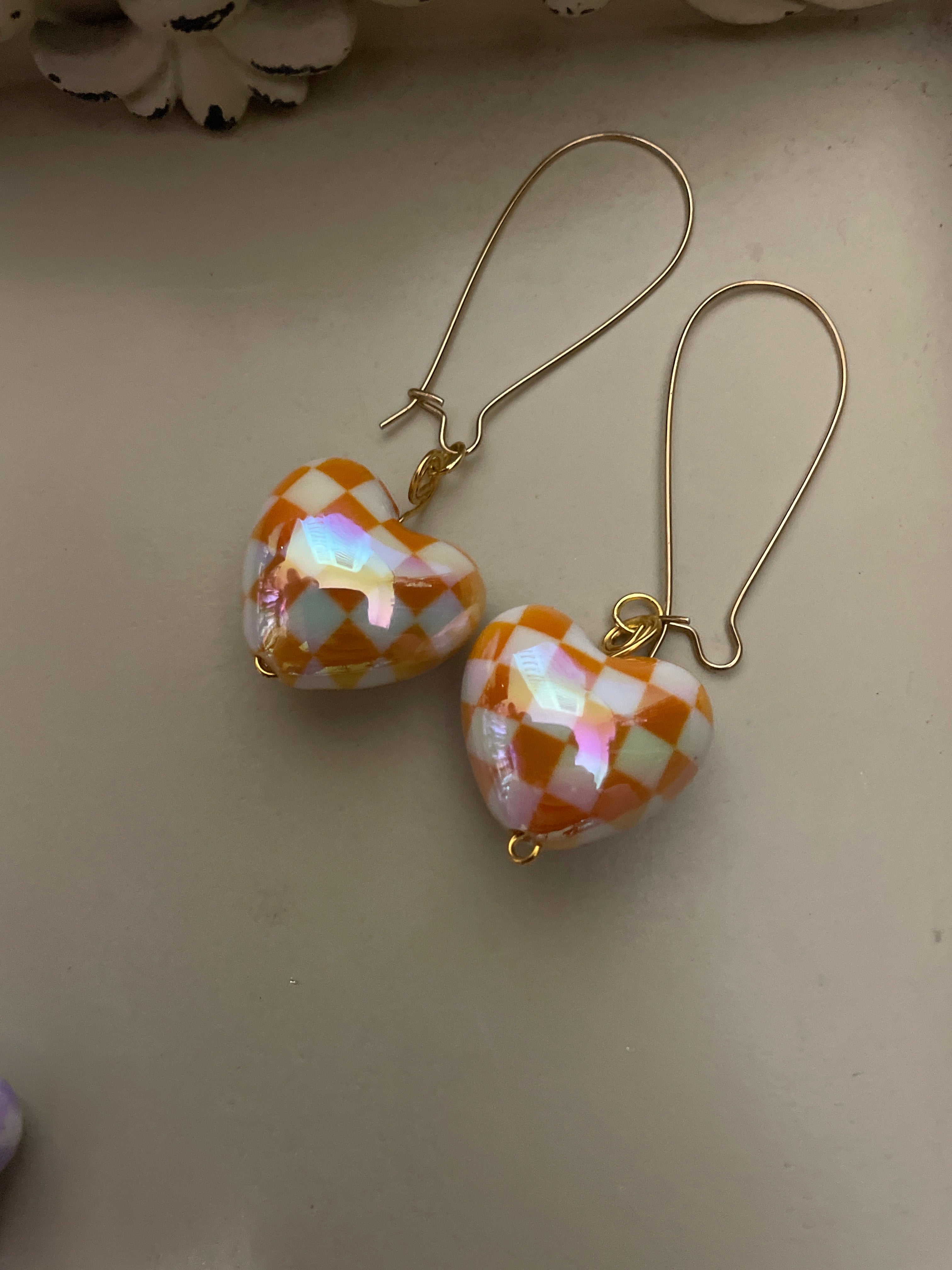 Orange and White Checkered Heart Plaid Dangle Earrings