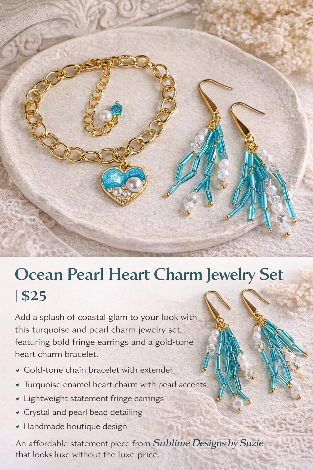 Ocean Pearl Heart Charm Bracelet- SublimeDesignsBySuzie