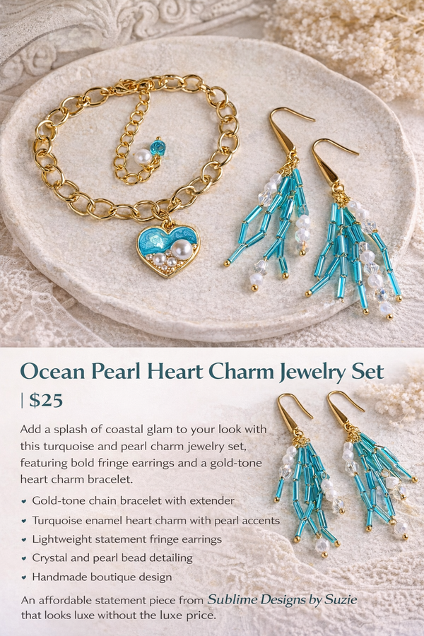 Ocean Pearl Heart Charm Jewelry Set – Turquoise Fringe Earrings & Gold Chain Bracelet by SublimeDesignsBySuzie