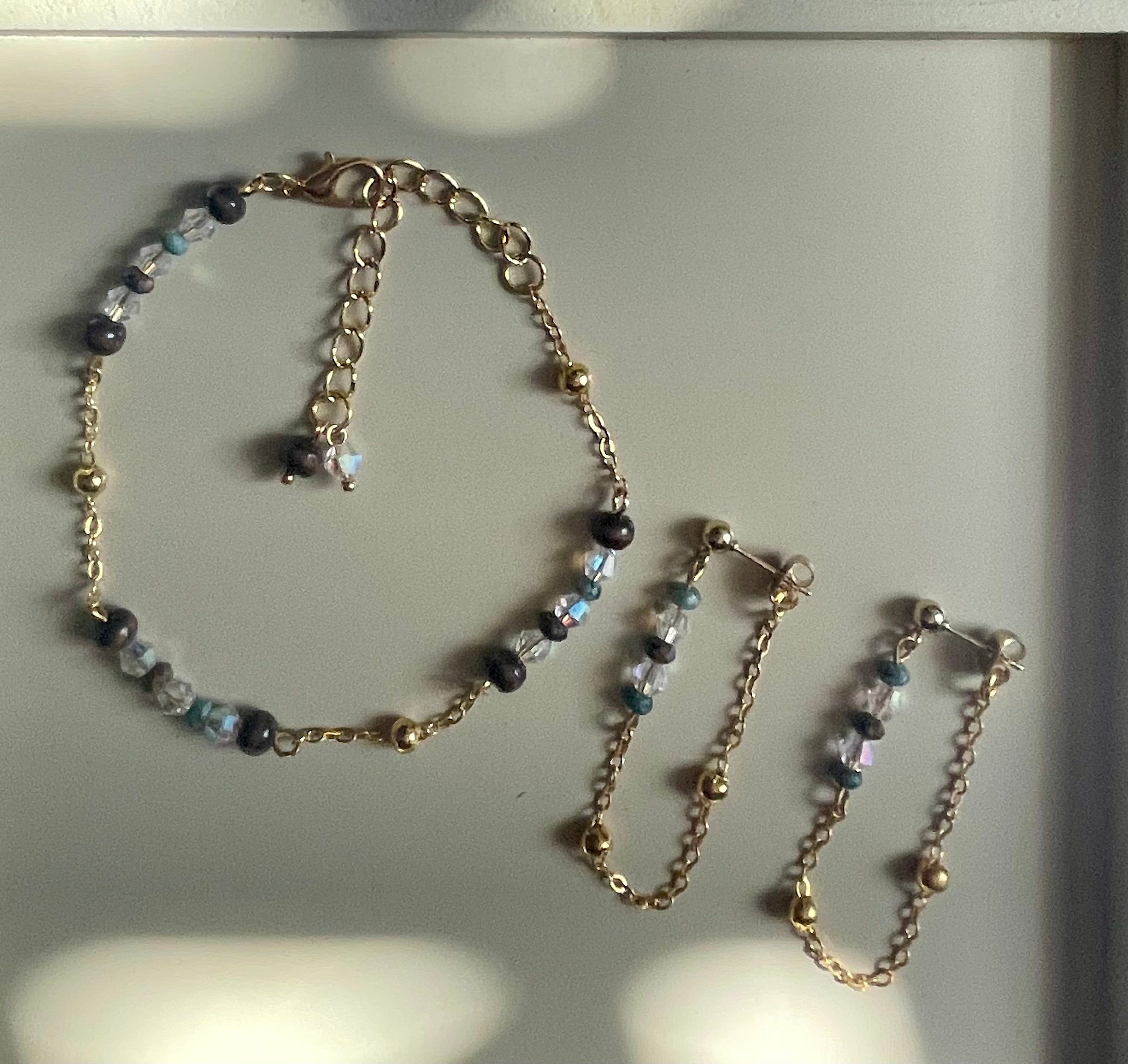 Handmade, Dainty Minimalist 18 Gold Plated Jasper Beaded Jewelry Set - Clear Crystal, Blue & Brown Chain Bracelet/Anklet + Dangle Earrings by SublimeDesignsBySuzie