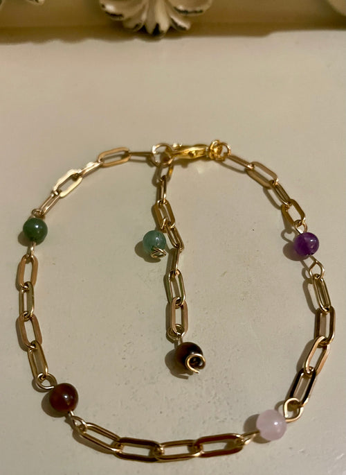 14 Gold Filled Paperclip Gemstone Bracelet or Anklet