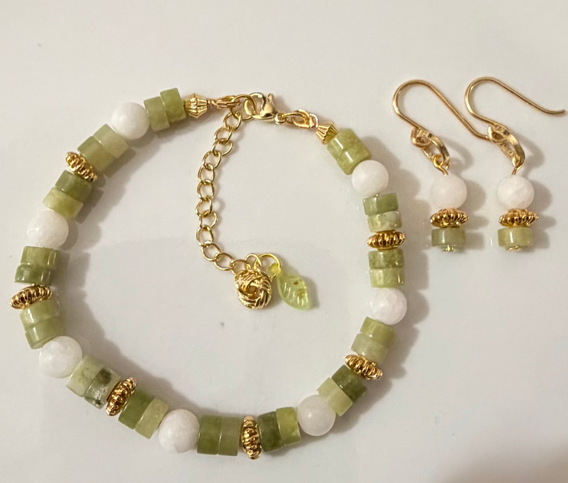 Natural Green Jade and White Quartz Beaded Jewelry Set with 18K Gold Plated Accents