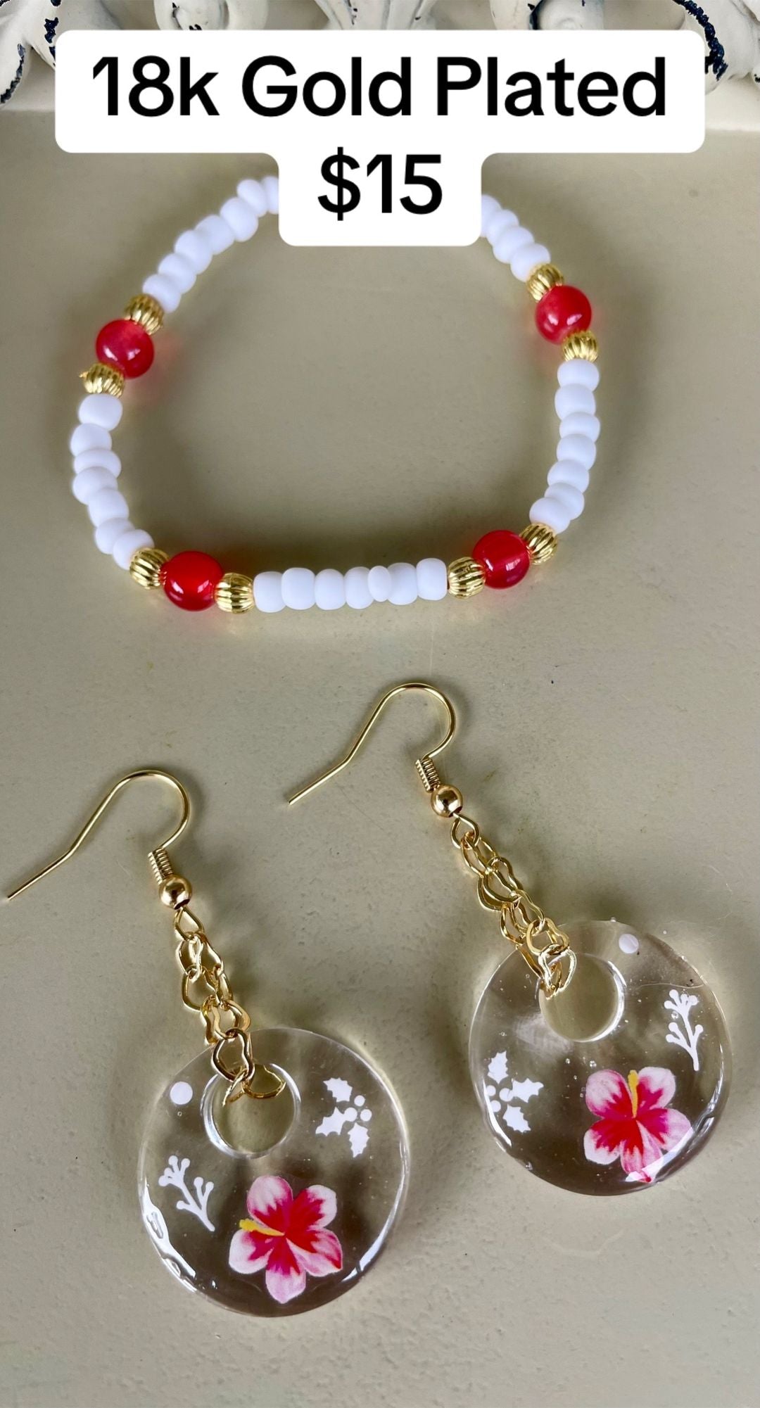 18K Gold Plated PVD Red Hibiscus Flower Set- Sublime Designs by Suzie