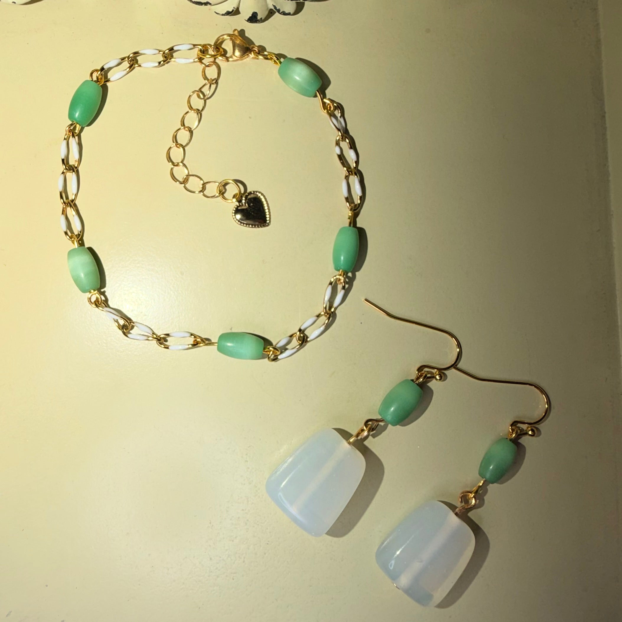 Mint Opal Gold Jewelry Set – Mint Green Beaded Bracelet & Opal Drop Earrings Jewelry Set by Suzie with Sublime Designs Palm Coast
