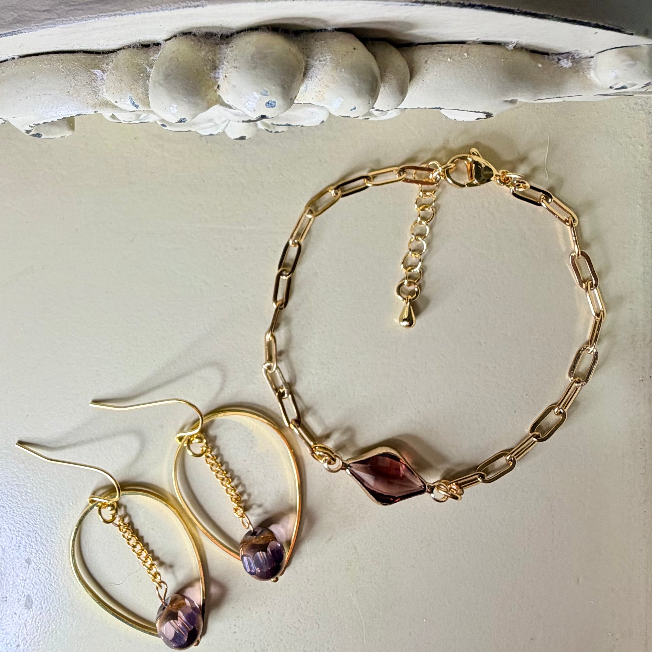 Trendy Boho Gold Plated Iridescent Purple Plum Bead Jewelry Set - Chunky Paperclip Chain Bracelet or Anklet with Plum Glass Pendant & Hoop Earrings by SublimeDesignsBySuzie