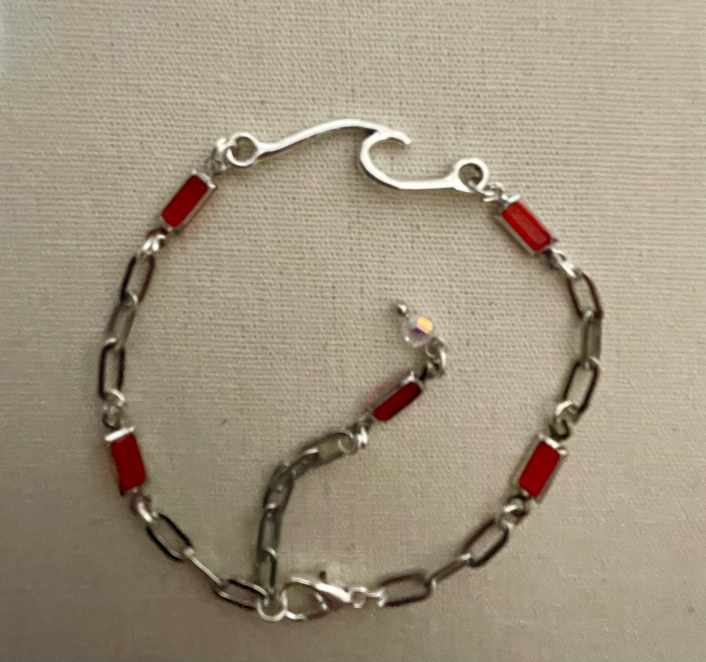 Red Coral Gemstone Birthstone Accents-Adjustable Silver Paperclip Link Bracelet or Anklet