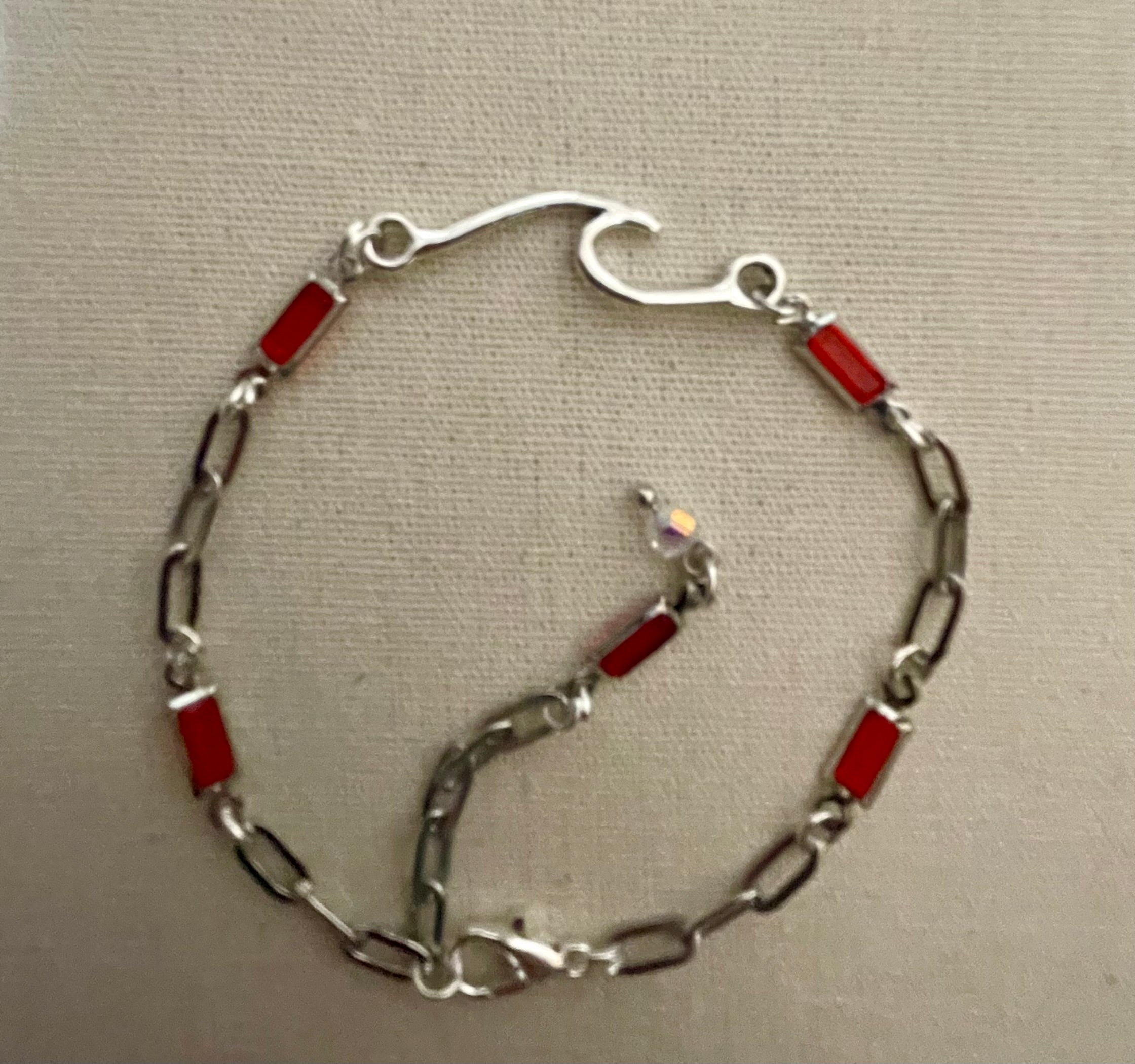 Red Coral Gemstone Birthstone Accents-Adjustable Silver Paperclip Link Bracelet or Anklet
