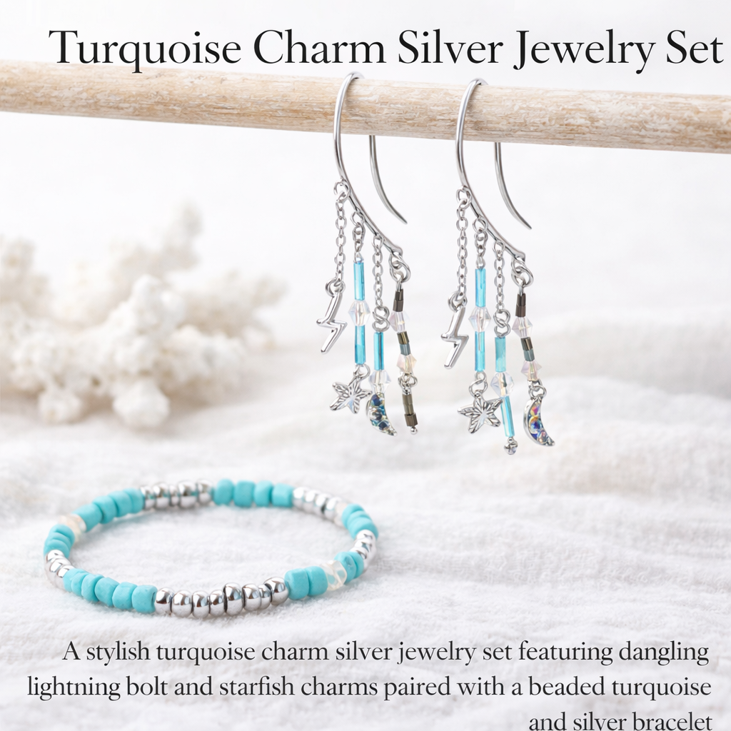 Turquoise Celestial Ear Cuff Jewelry Set – Silver Lightning Bolt & Moon Ear Cuffs with Beaded Bracelet- SublimeDesignsBySuzie