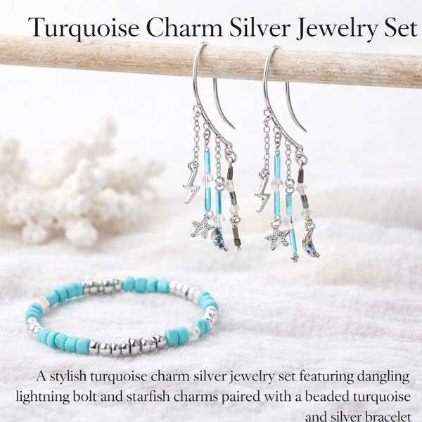 Turquoise Celestial Ear Cuff Jewelry Set – Silver Lightning Bolt & Moon Ear Cuffs with Beaded Bracelet- SublimeDesignsBySuzie