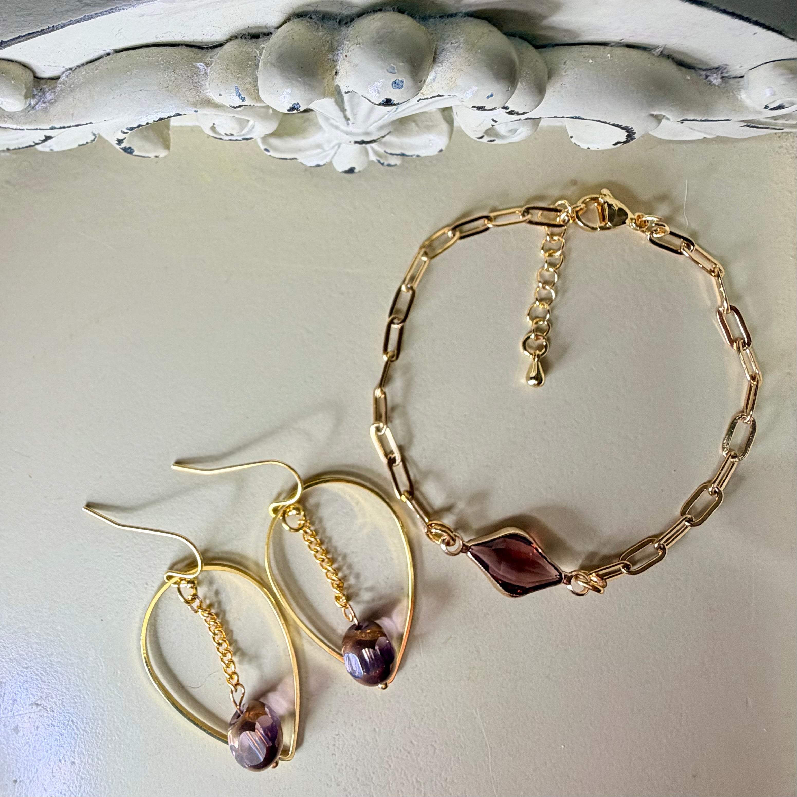 Trendy Boho Gold Plated Iridescent Purple Plum Bead Jewelry Set - Chunky Paperclip Chain Bracelet or Anklet with Plum Glass Pendant & Hoop Earrings by SublimeDesignsBySuzie