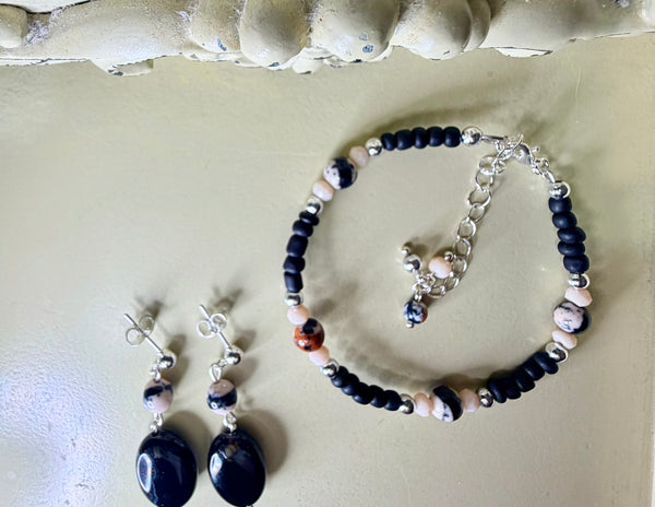 Natural Boho Speckled Granite Bead Silver Plated Black & Peach Tones Jewelry Set - Handcrafted Bracelet & Earrings by SublimeDesignsBySuzie