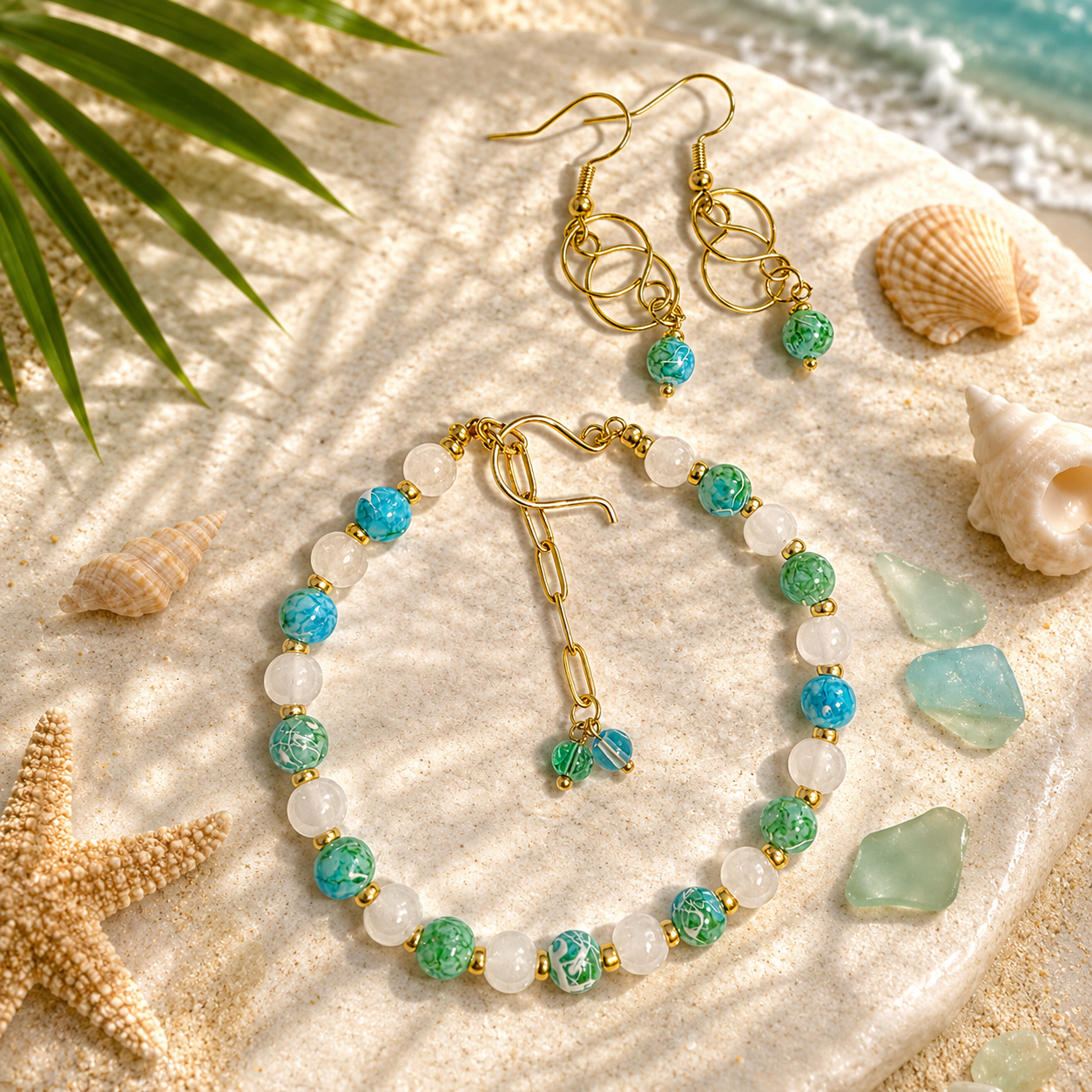 Amazonite & Moonstone Jewelry Set- Earrings & Bracelet in Silver or Gold