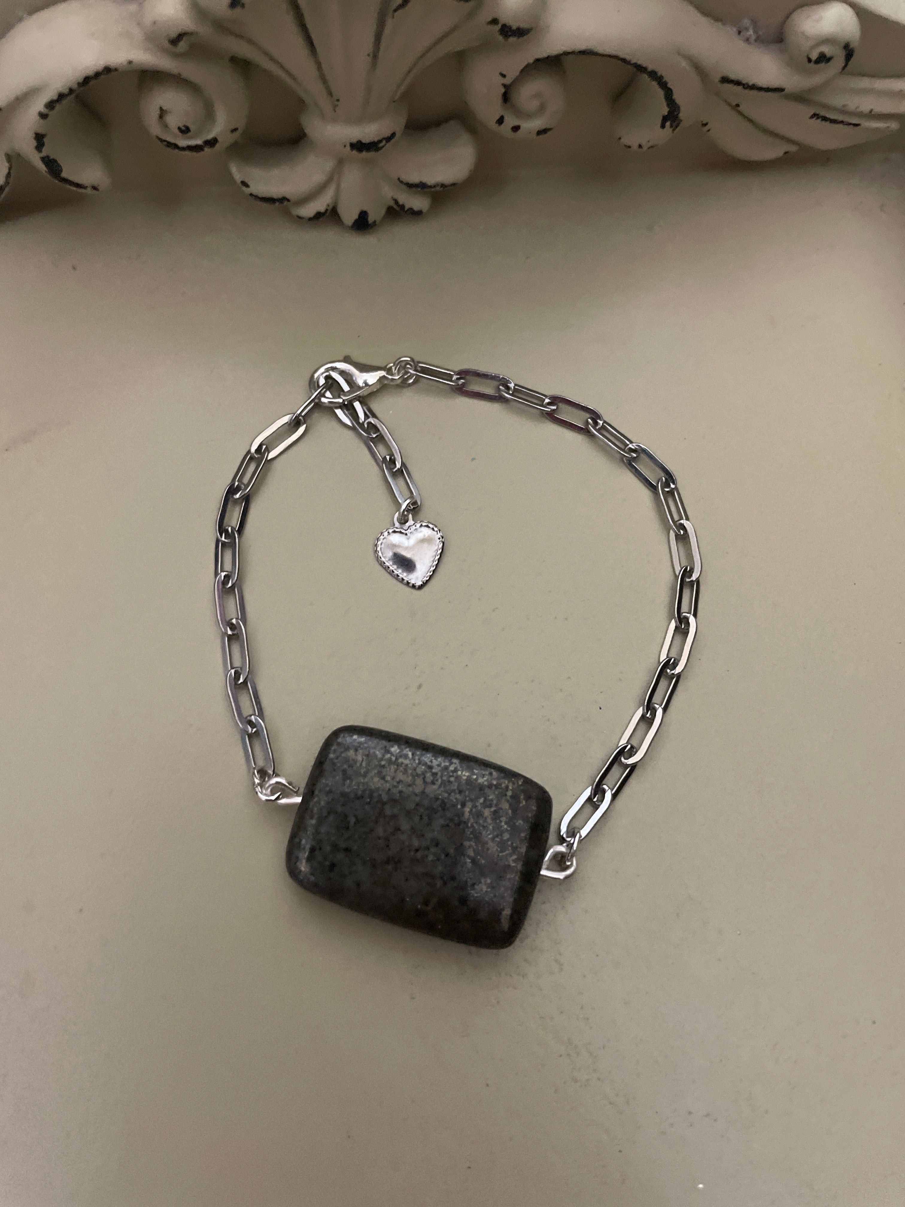 Silver Paperclip Bracelet or Anklet with Natural Black Galaxy Stone
