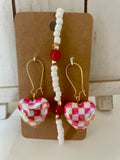 Red Checkered Heart Plaid Earrings Bracelet Set
