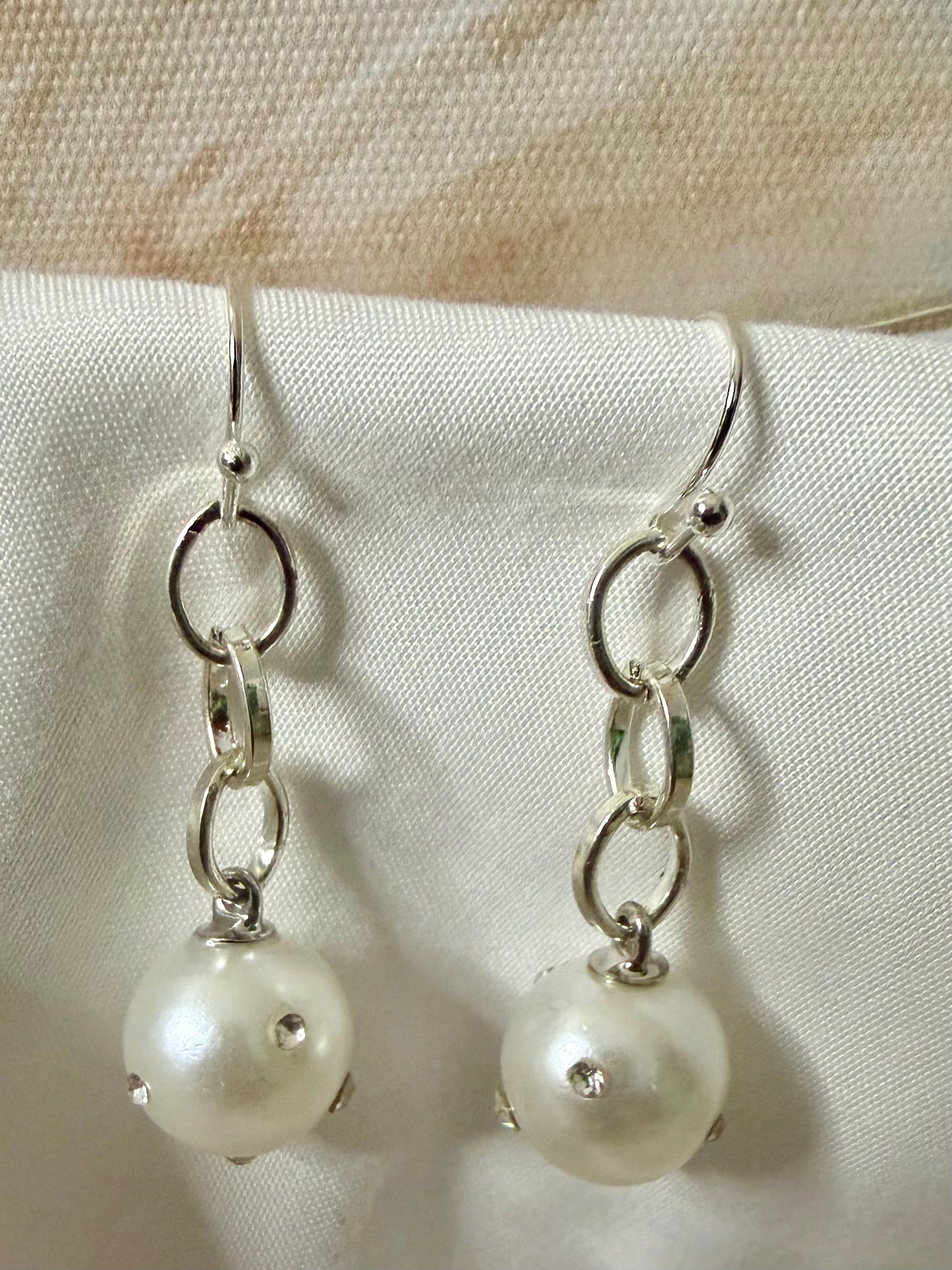 Handmade Silver Pearl & Crystal Jewelry Set: Chain Link Bracelet + Drop Earrings with Sparkling Rhinestone Pearl by SublimeDesignsBySuzie in Flagler Beach