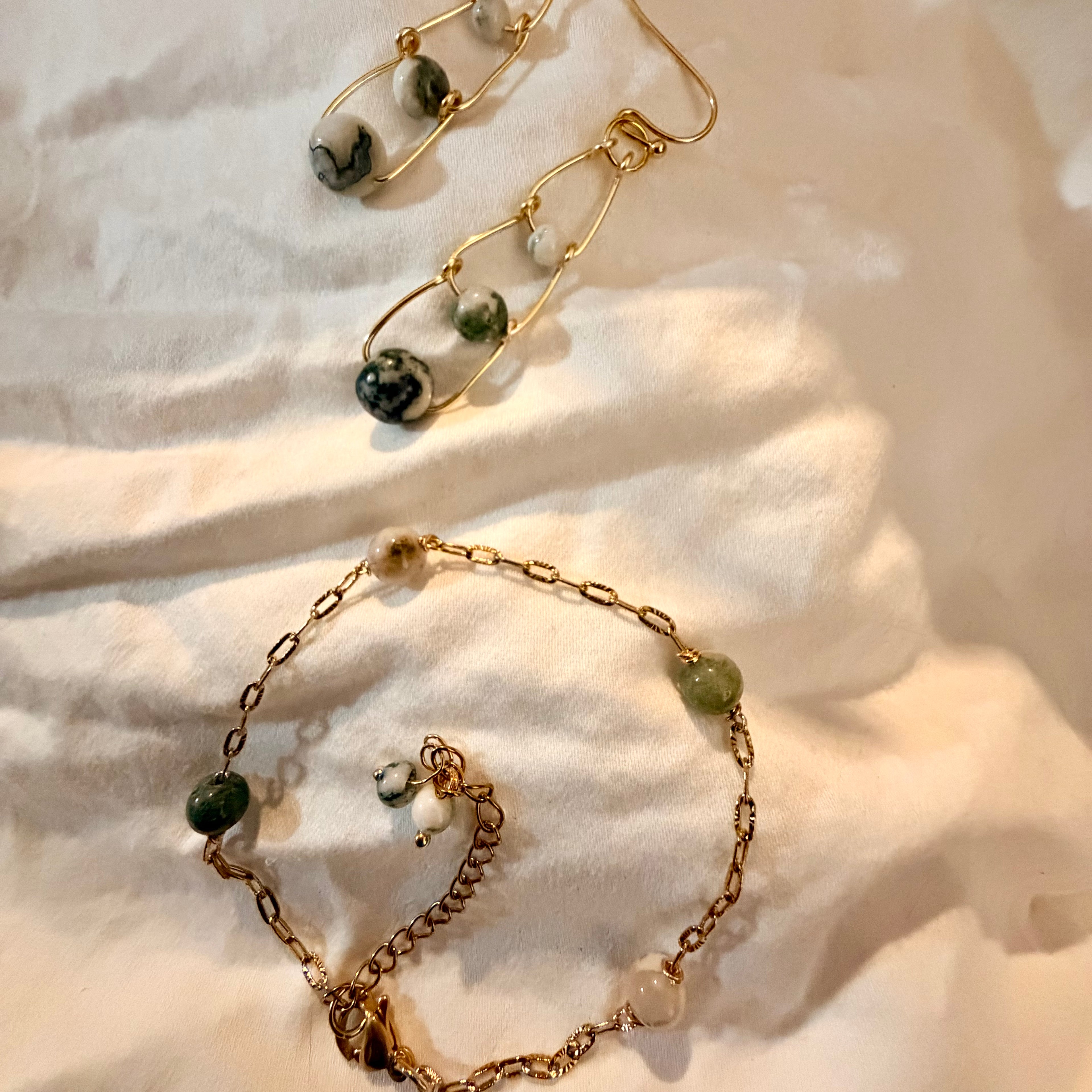 Healing Natural Green Agate Gold Plated Stainless Steel Dangle Earrings and Chain Bracelet Set
